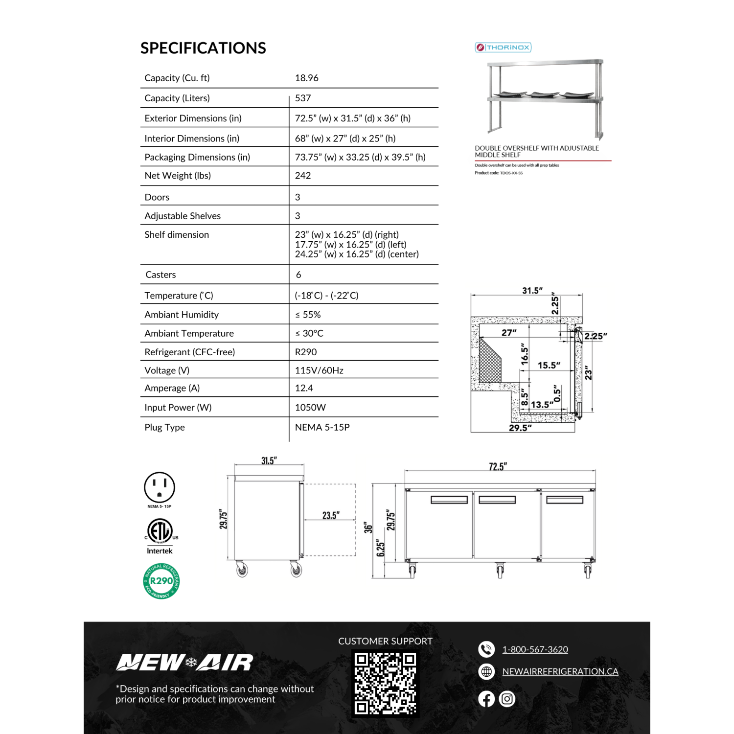 NEW AIR NUF-072-SS Commercial 72″ Stainless Steel 19 cu ft Triple Door Undercounter Freezer - Ideal For Commercial Kitchens, Restaurants and