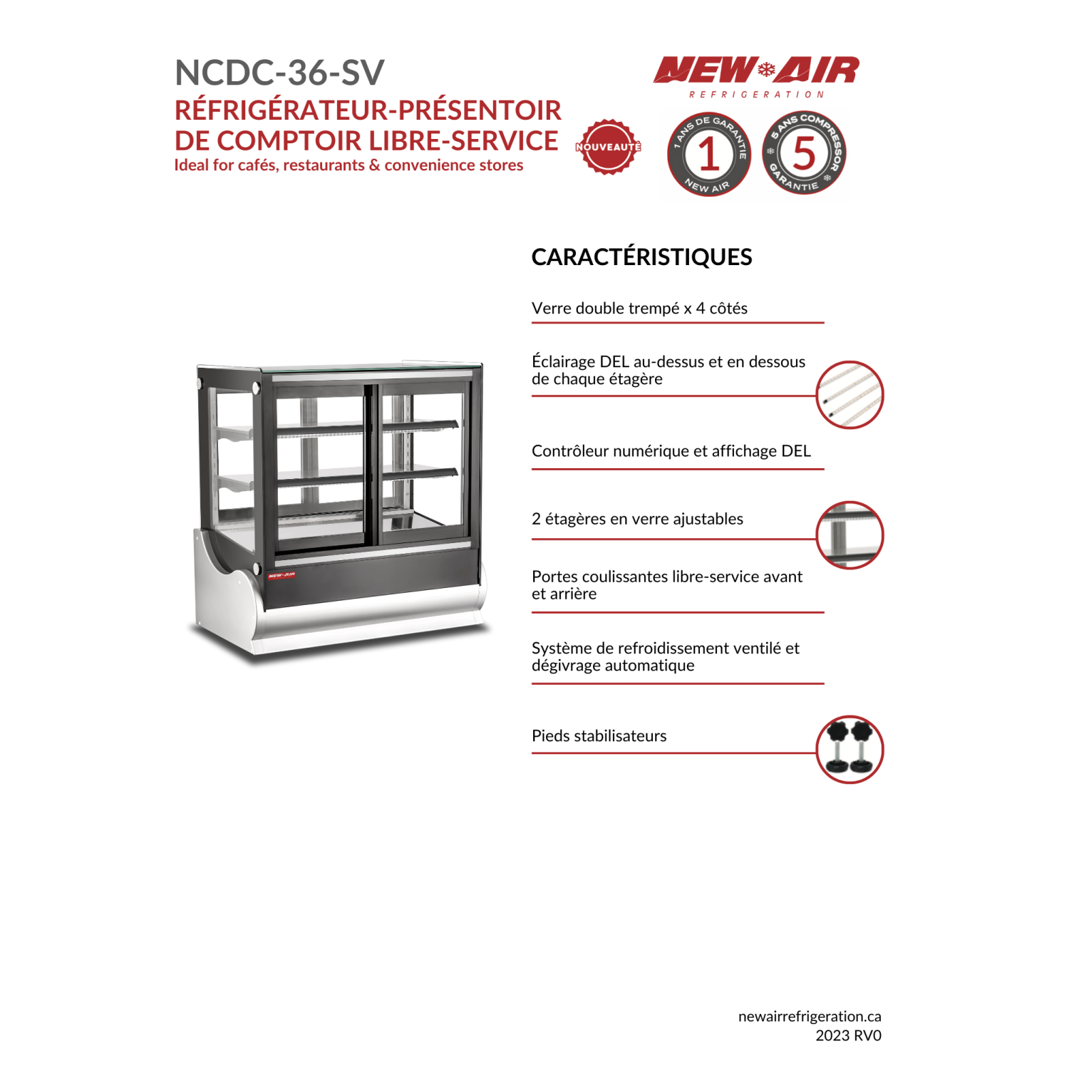 NOUVEAU présentoir de comptoir réfrigéré libre-service de 36 po de la gamme commerciale NCDC-36-SV d'AIR – idéal pour les restaurants, les cafés et