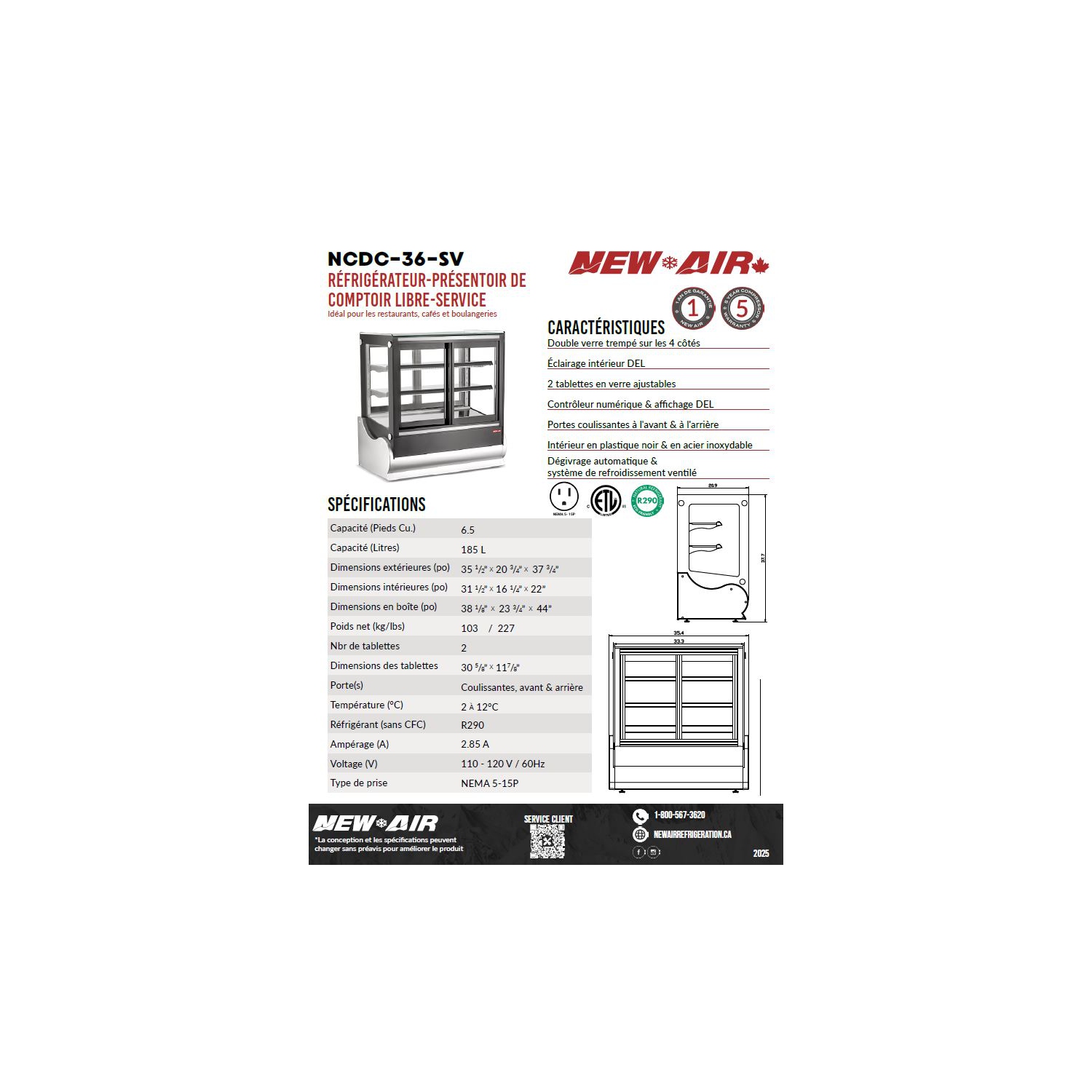 NOUVEAU présentoir de comptoir réfrigéré libre-service de 36 po de la gamme commerciale NCDC-36-SV d'AIR – idéal pour les restaurants, les cafés et