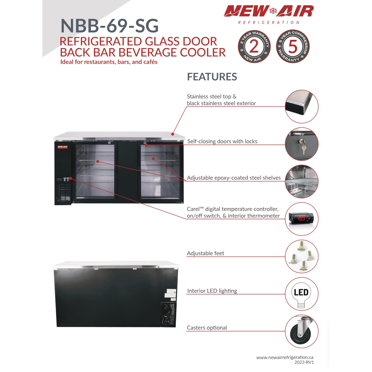 Nouveau réfrigérateur de bar à deux portes en verre Air NBB-69-SG de 69 po - 665&nbsp;L/23,5 pi3 avec - Idéal pour les bars, restaurants, hôtels et