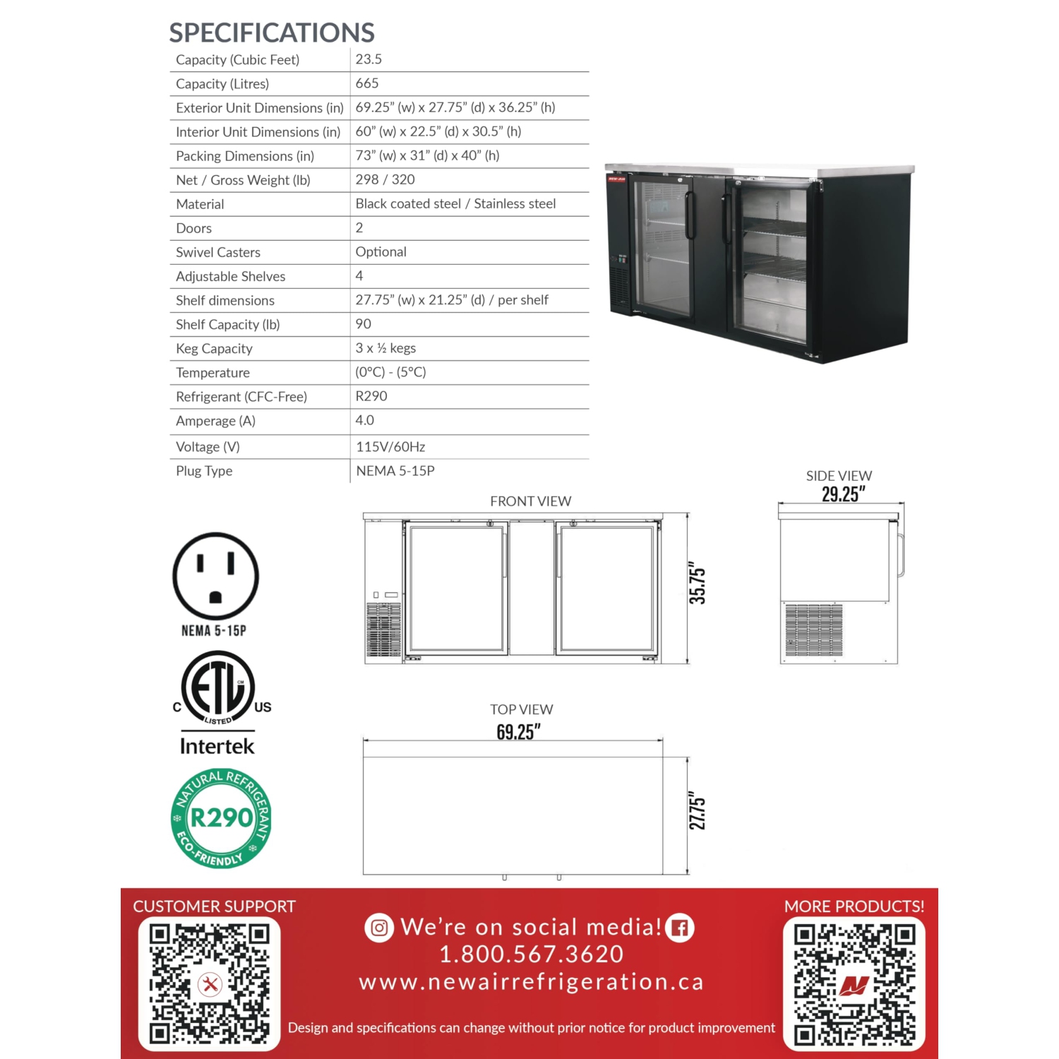Nouveau réfrigérateur de bar à deux portes en verre Air NBB-69-SG de 69 po - 665&nbsp;L/23,5 pi3 avec - Idéal pour les bars, restaurants, hôtels et