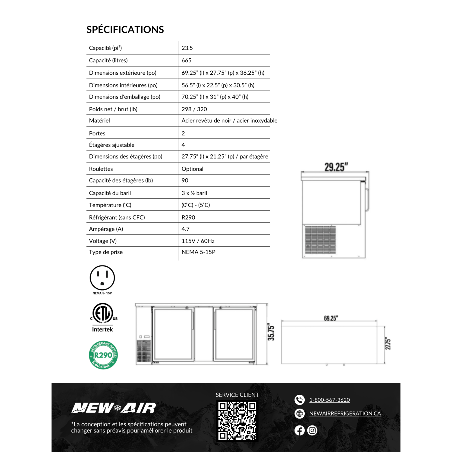 Nouveau réfrigérateur de bar à deux portes en verre Air NBB-69-SG de 69 po - 665&nbsp;L/23,5 pi3 avec - Idéal pour les bars, restaurants, hôtels et