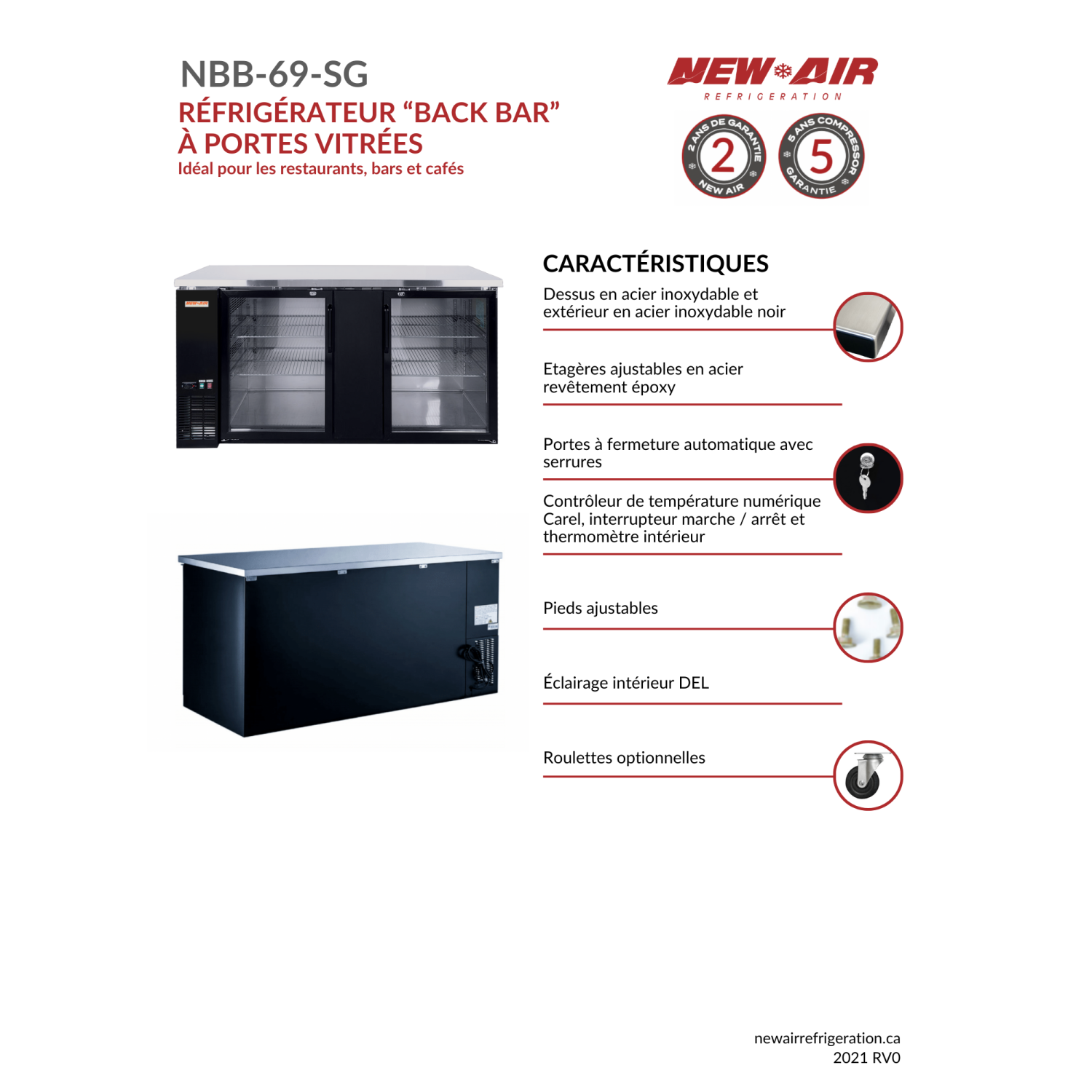 Nouveau réfrigérateur de bar à deux portes en verre Air NBB-69-SG de 69 po - 665&nbsp;L/23,5 pi3 avec - Idéal pour les bars, restaurants, hôtels et