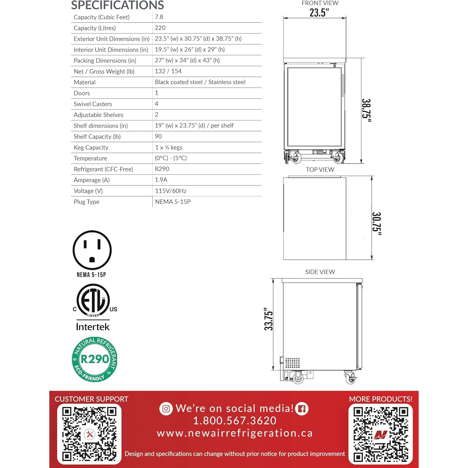 Nouveau refroidisseur de bar à porte simple en verre NBB-23-SG de 23 po - 220 L/7,8 pi3 avec - Idéal pour les bars, restaurants, hôtels et cafés
