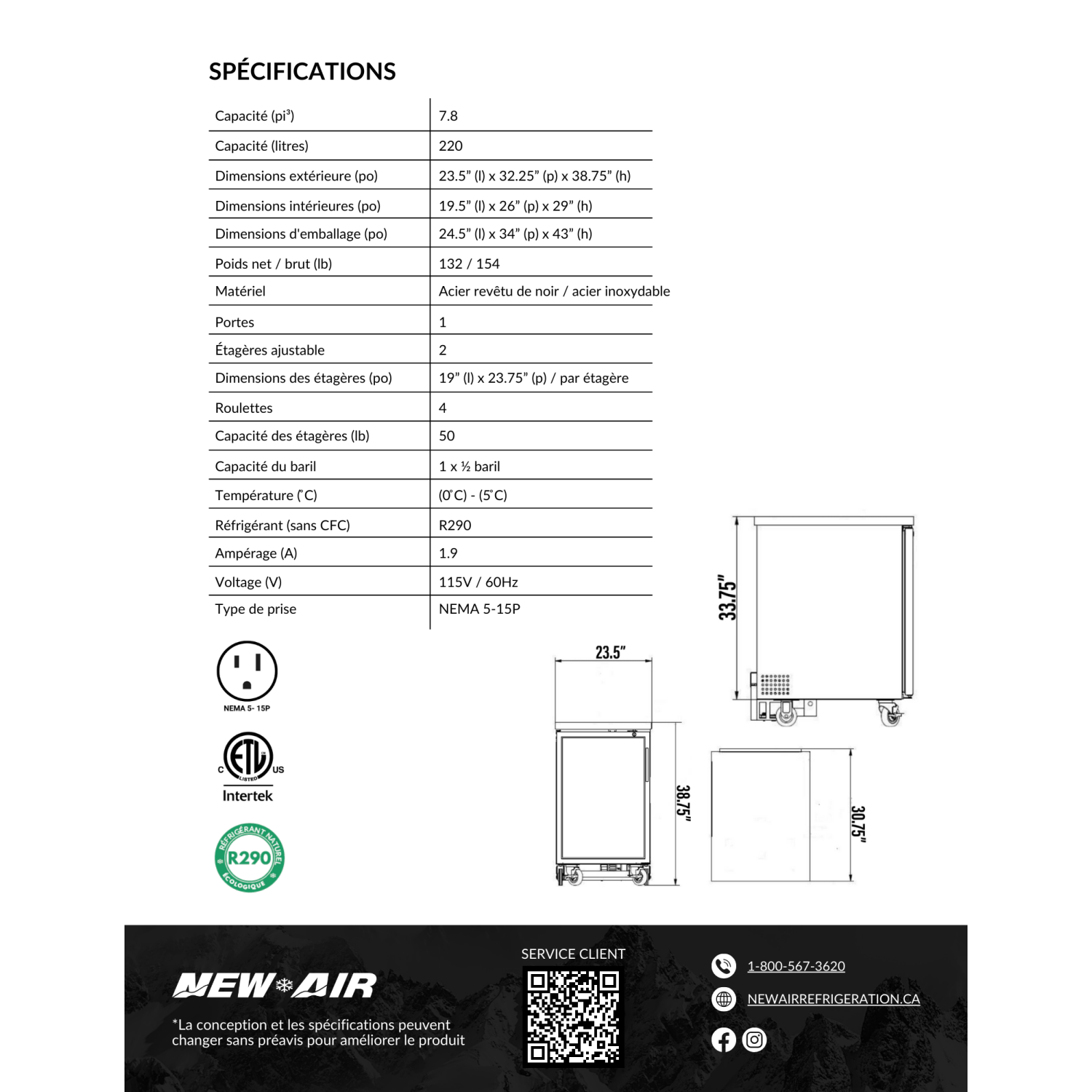 Nouveau refroidisseur de bar à porte simple en verre NBB-23-SG de 23 po - 220 L/7,8 pi3 avec - Idéal pour les bars, restaurants, hôtels et cafés