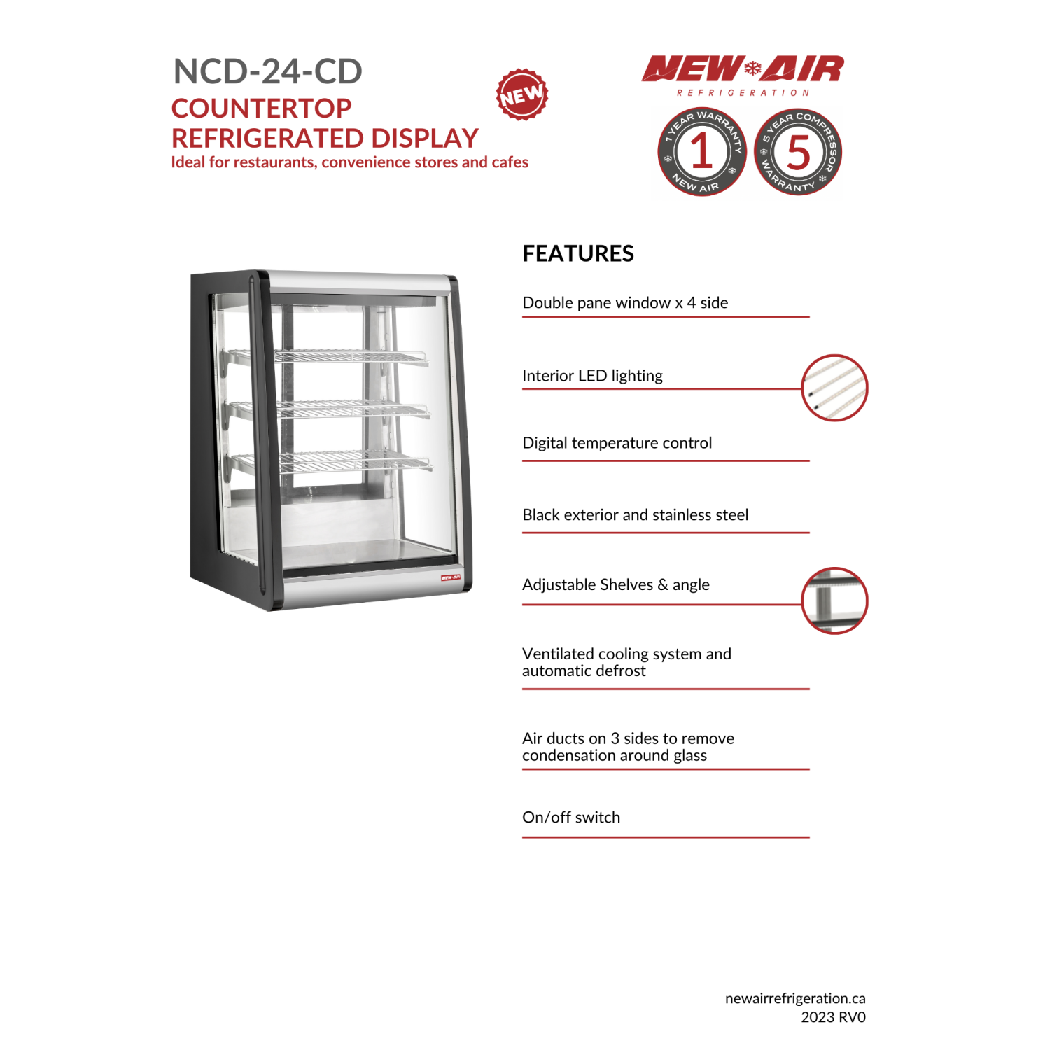 NOUVEAU présentoir de comptoir réfrigéré AIR NCD-24-CD commercial de 24 po – idéal pour les restaurants, les cafés et les boulangeries