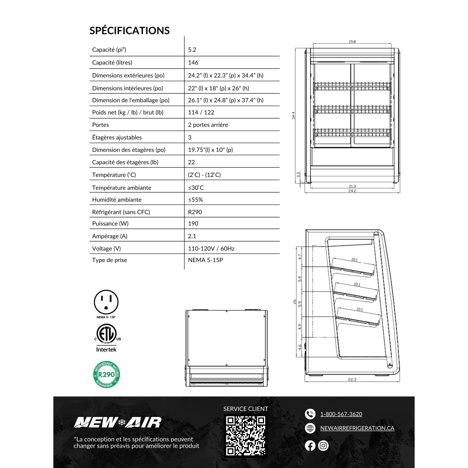 NOUVEAU présentoir de comptoir réfrigéré AIR NCD-24-CD commercial de 24 po – idéal pour les restaurants, les cafés et les boulangeries