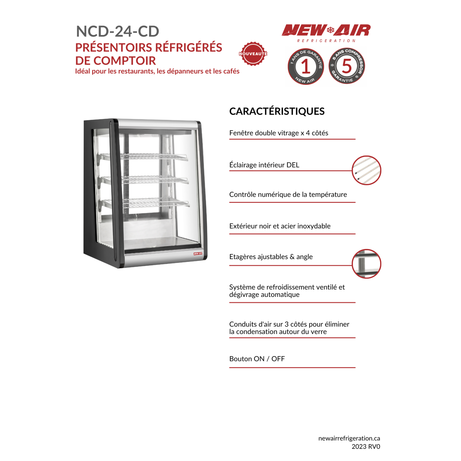 NOUVEAU présentoir de comptoir réfrigéré AIR NCD-24-CD commercial de 24 po – idéal pour les restaurants, les cafés et les boulangeries