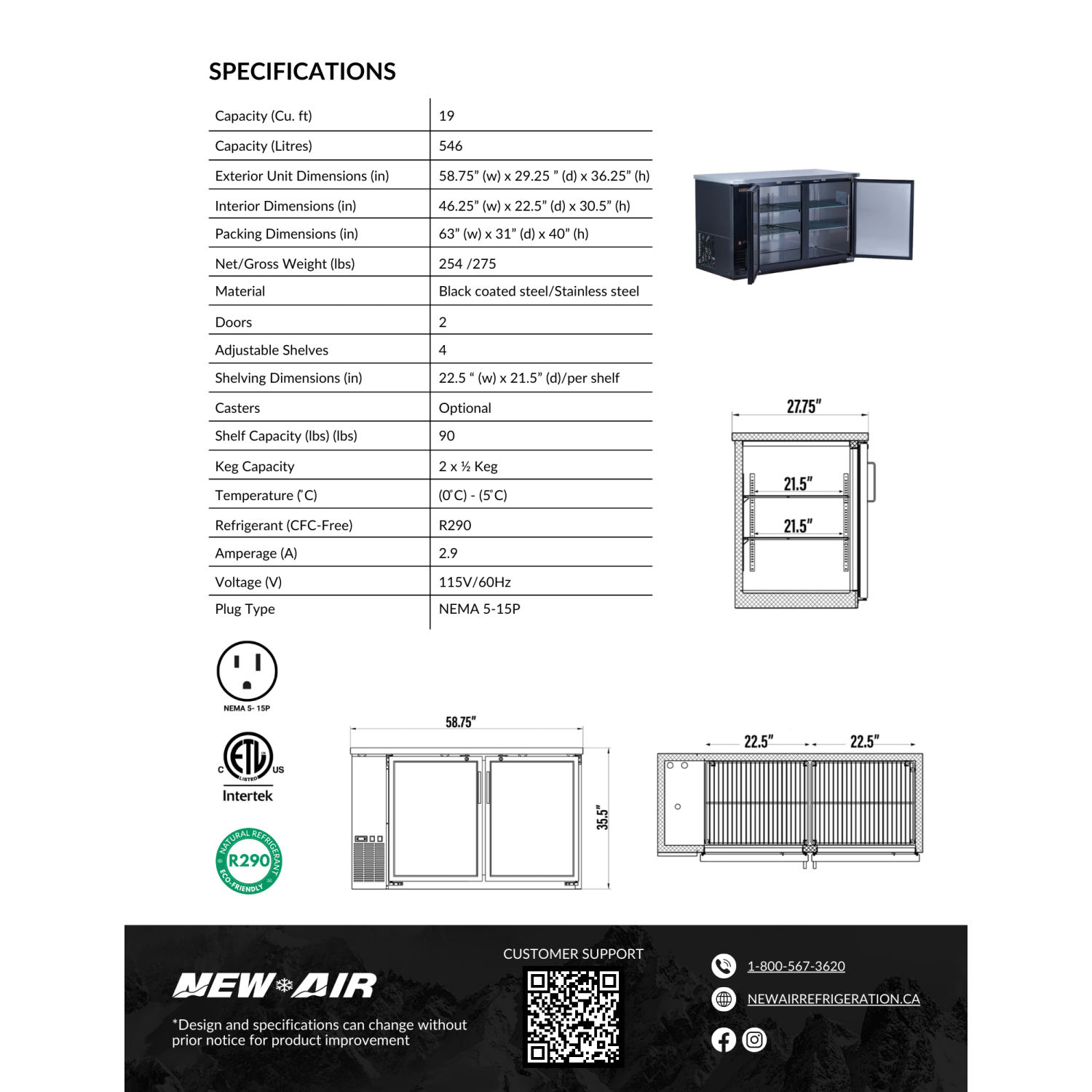 Nouveau réfrigérateur de bar à porte double solide NBB-60-SB de 60 po d'air - 546 L/19 pi3 avec - Idéal pour les bars, restaurants, hôtels et