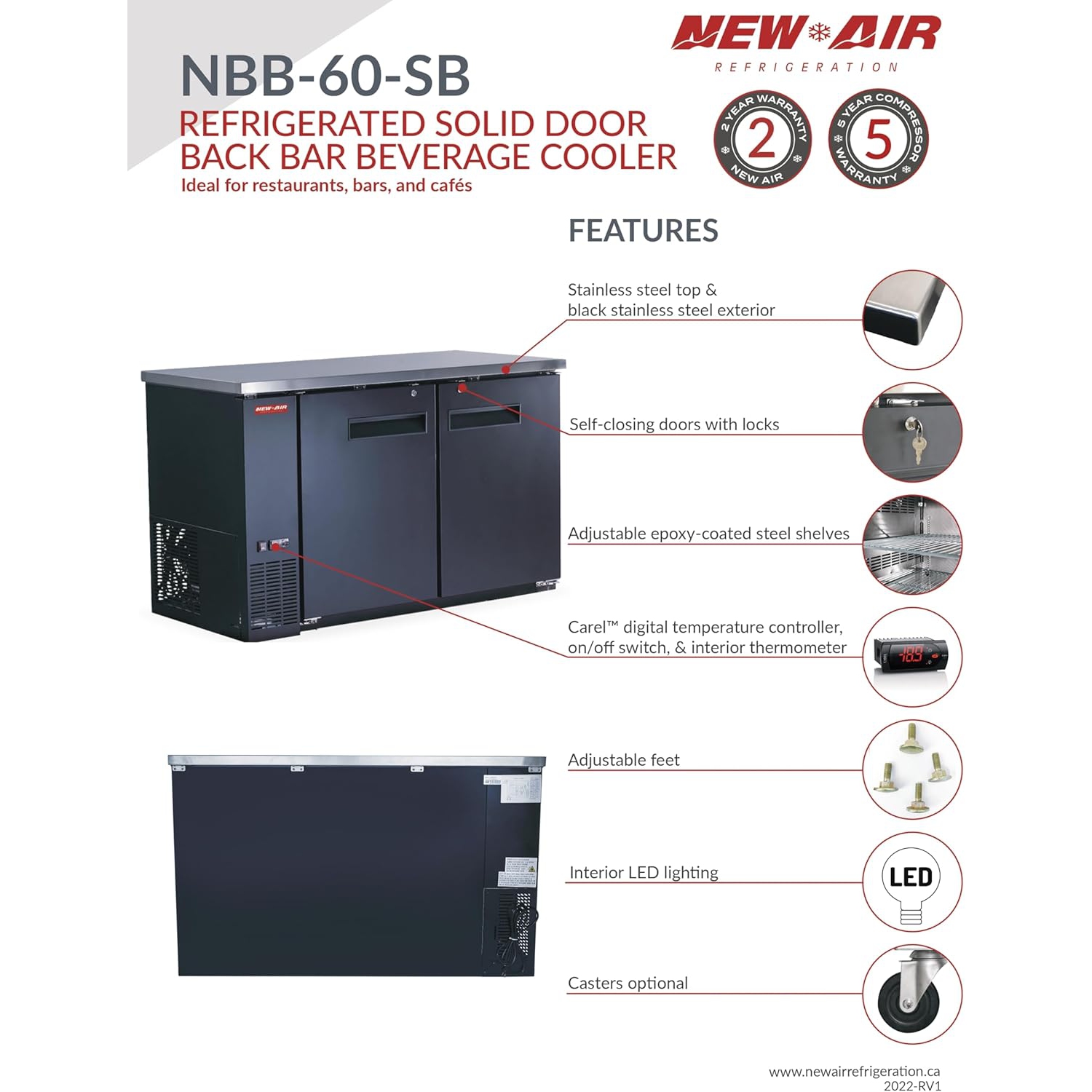 Nouveau réfrigérateur de bar à porte double solide NBB-60-SB de 60 po d'air - 546 L/19 pi3 avec - Idéal pour les bars, restaurants, hôtels et