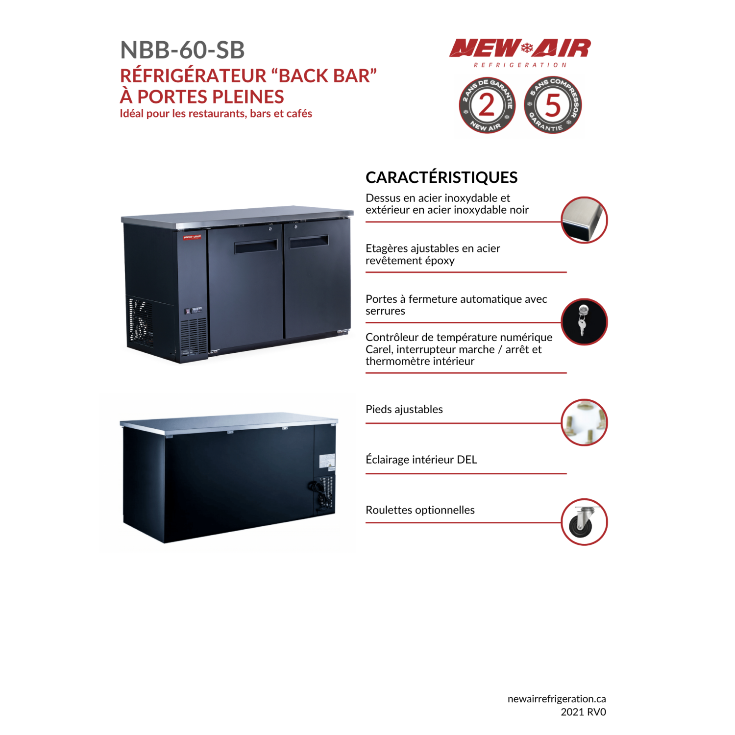 Nouveau réfrigérateur de bar à porte double solide NBB-60-SB de 60 po d'air - 546 L/19 pi3 avec - Idéal pour les bars, restaurants, hôtels et