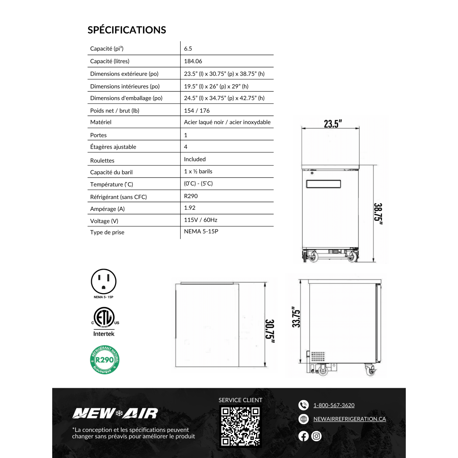 Nouveau réfrigérateur de bar à boissons Air NBB-23-SB à porte simple solide de 23 po - 220&nbsp;L/7,8 pi3 avec - Idéal pour les bars, restaurants,