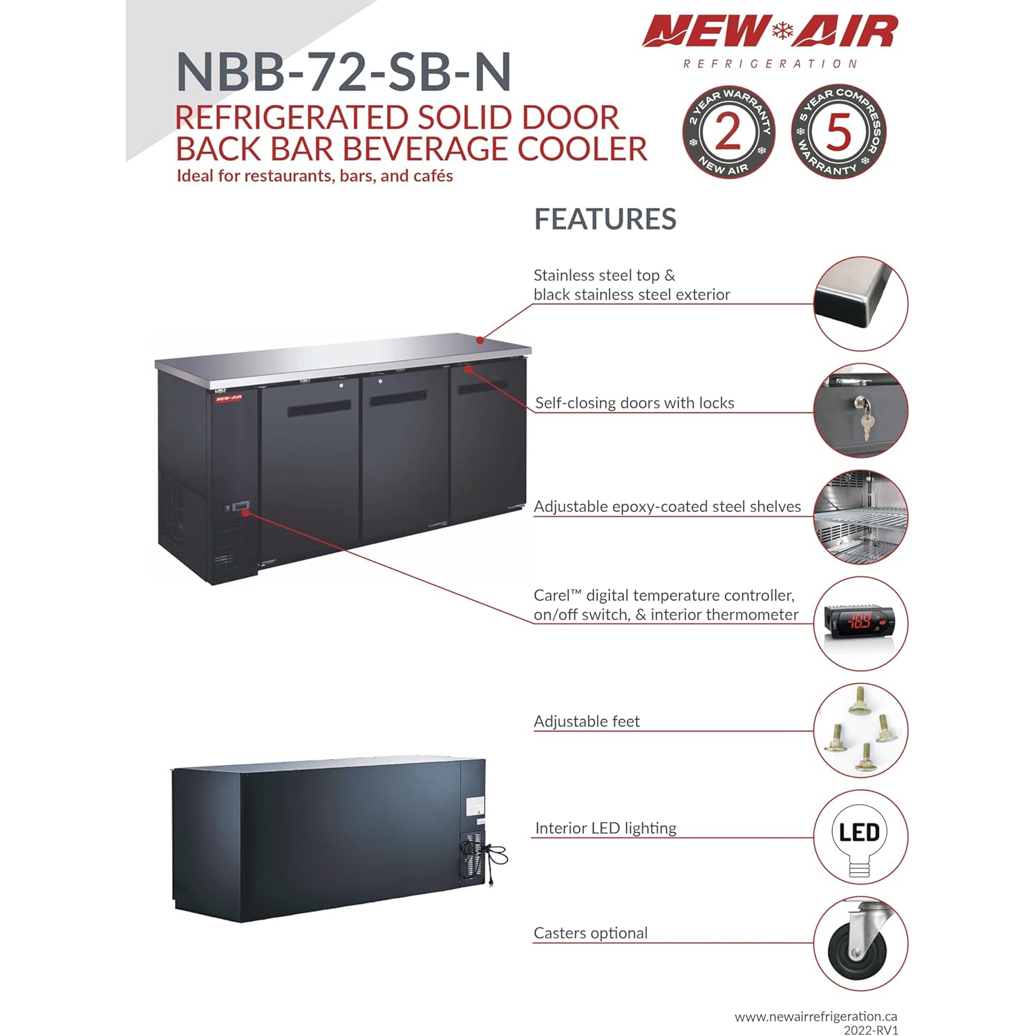 Nouveau réfrigérateur de bar à porte triple solide NBB-72-SB-N de 23 po à panneau arrière étroit - 555 L/19,6 pi3 avec - Idéal pour les bars,