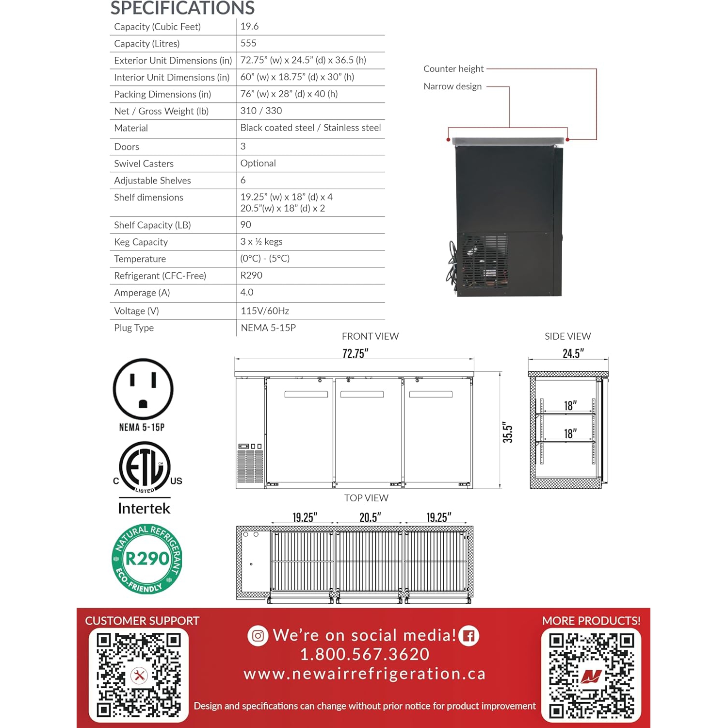 Nouveau réfrigérateur de bar à porte triple solide NBB-72-SB-N de 23 po à panneau arrière étroit - 555 L/19,6 pi3 avec - Idéal pour les bars,