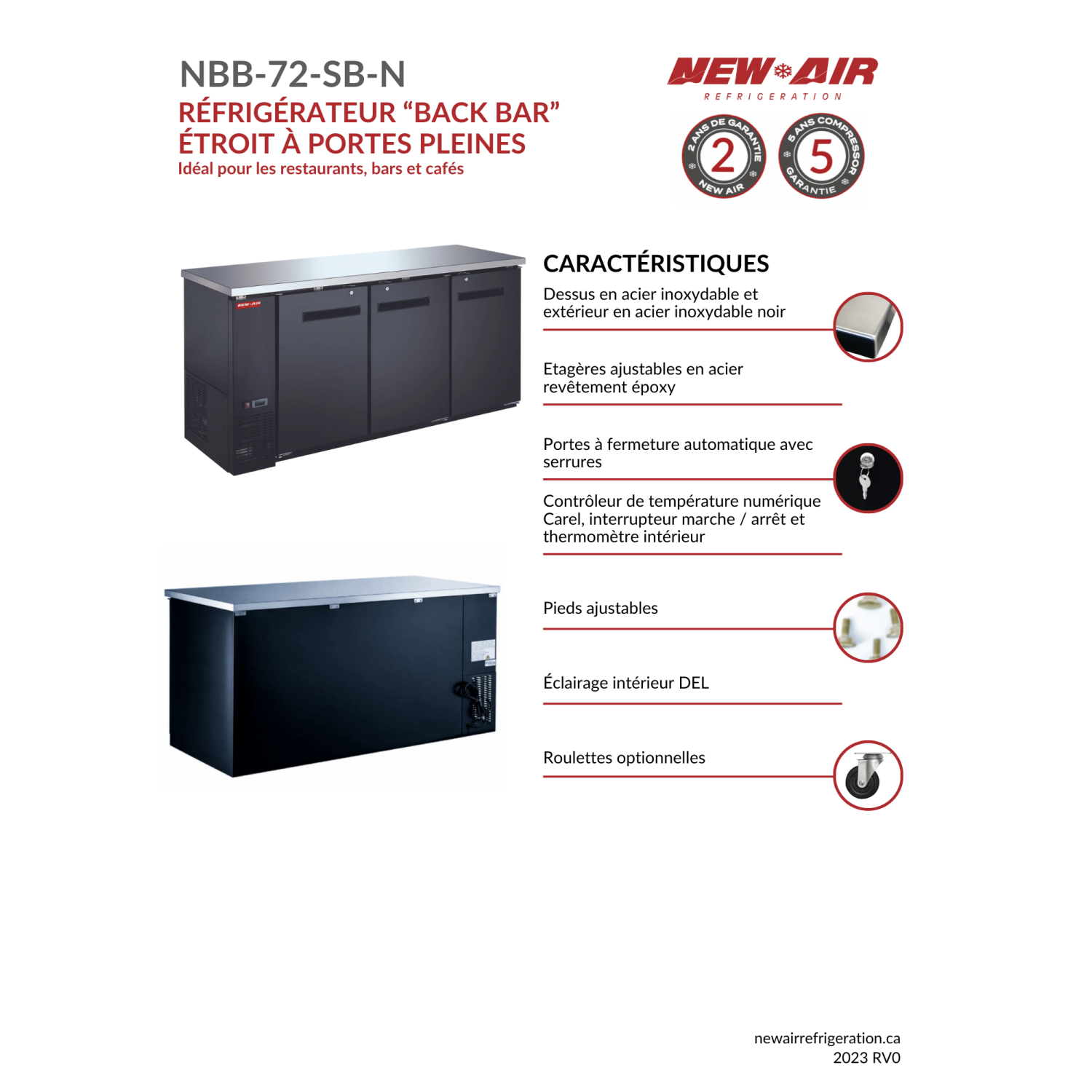 Nouveau réfrigérateur de bar à porte triple solide NBB-72-SB-N de 23 po à panneau arrière étroit - 555 L/19,6 pi3 avec - Idéal pour les bars,