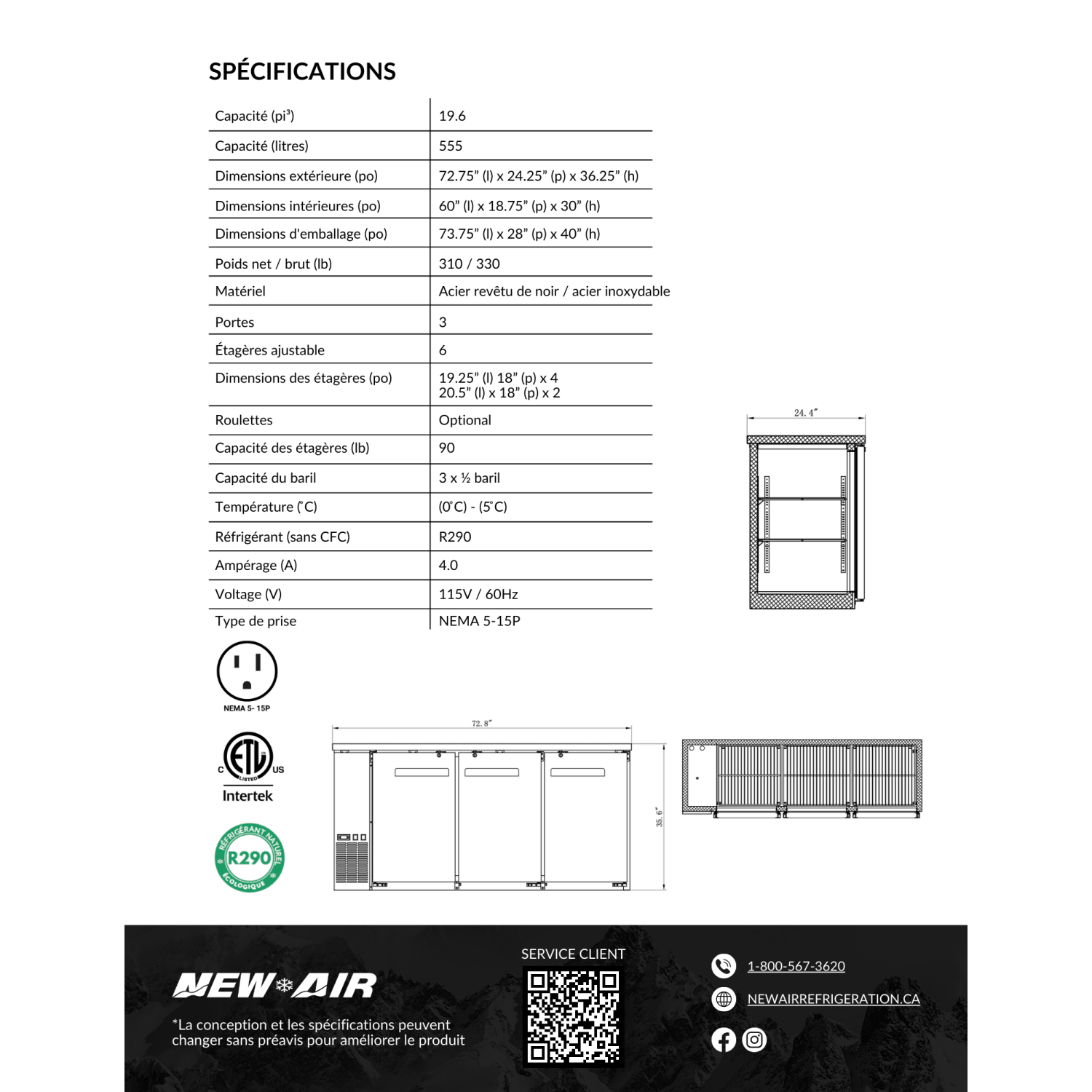 Nouveau réfrigérateur de bar à porte triple solide NBB-72-SB-N de 23 po à panneau arrière étroit - 555 L/19,6 pi3 avec - Idéal pour les bars,