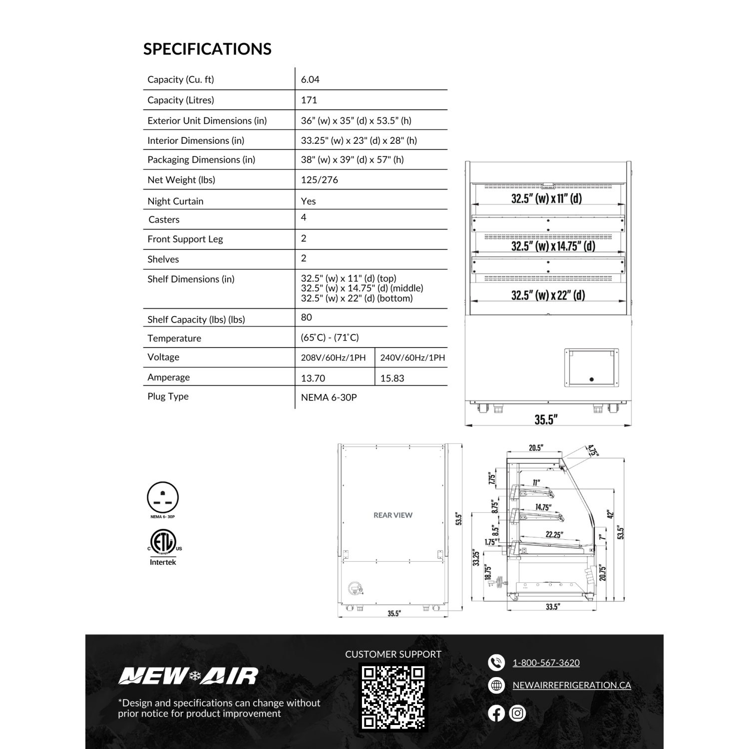 NEW AIR NOM-36-HTS Commercial 36" Mid Profile 6 Cu. Ft. Double Shelf Heated Open Merchandiser - Ideal for Restaurants, Cafés, Convenience Stores &