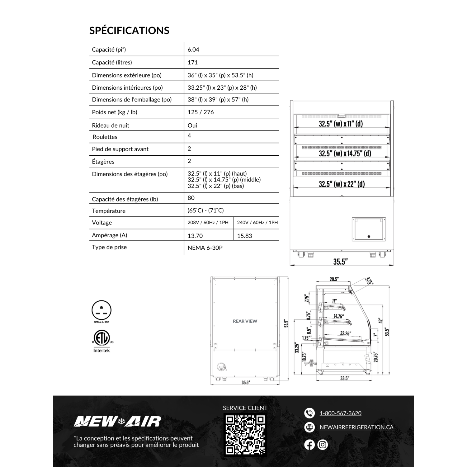 NEW AIR NOM-36-HTS Commercial 36" Mid Profile 6 Cu. Ft. Double Shelf Heated Open Merchandiser - Ideal for Restaurants, Cafés, Convenience Stores &