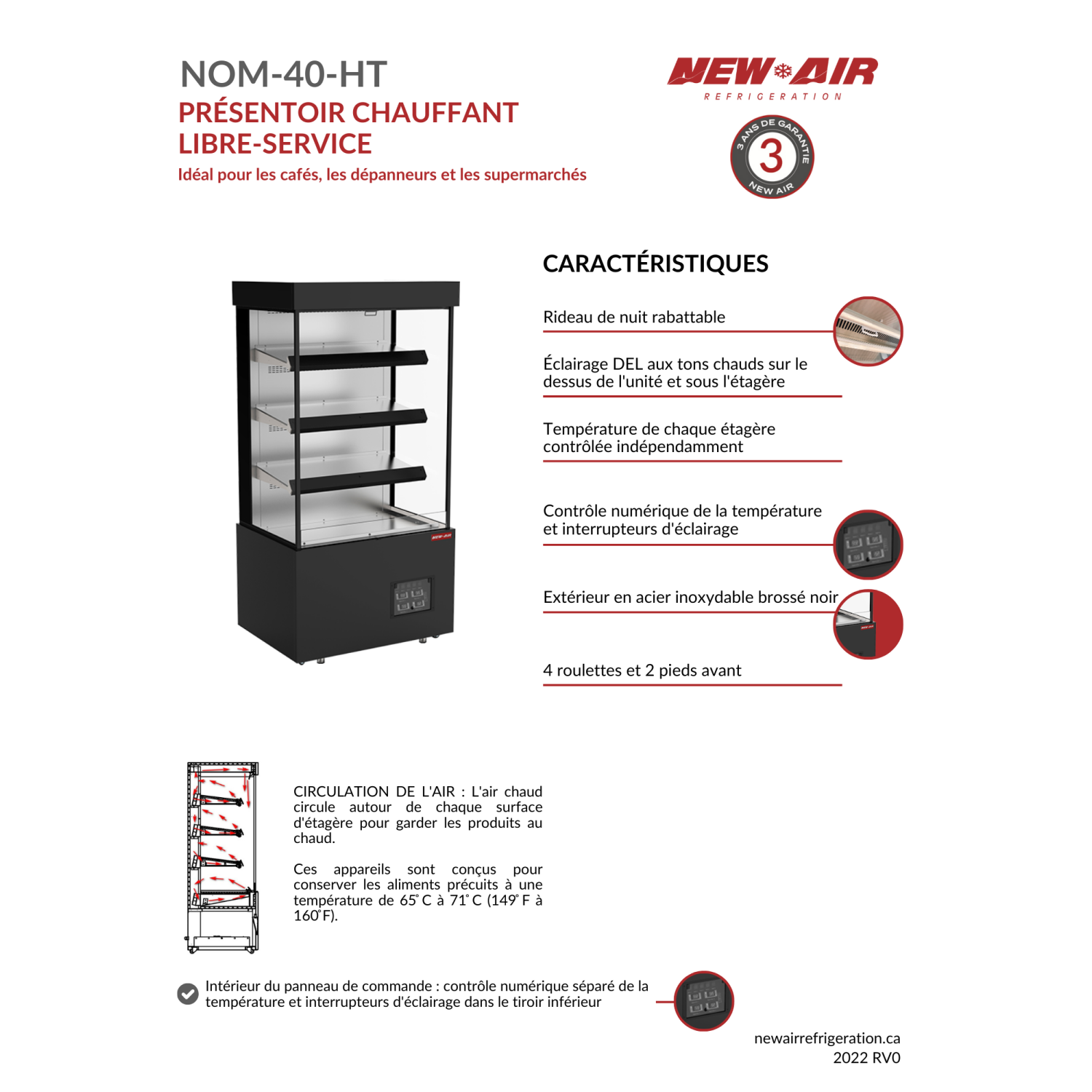 NEW AIR NOM-40-HT Commercial 40" Triple Shelf Grab 'N Go Heated Open Merchandiser - Ideal for Restaurants, Cafés, Convenience Stores and Supermarkets