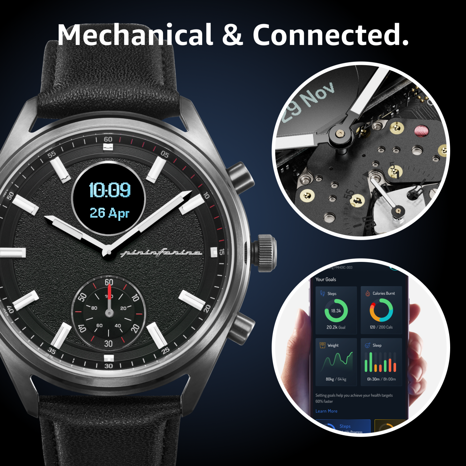 pininfarina Sintesi Hybrid 44mm Smartwatch - Analogue Watch with Italian Leather Strap, Sapphire Glass, Compass & Fitness Tracker for Heart Rate,