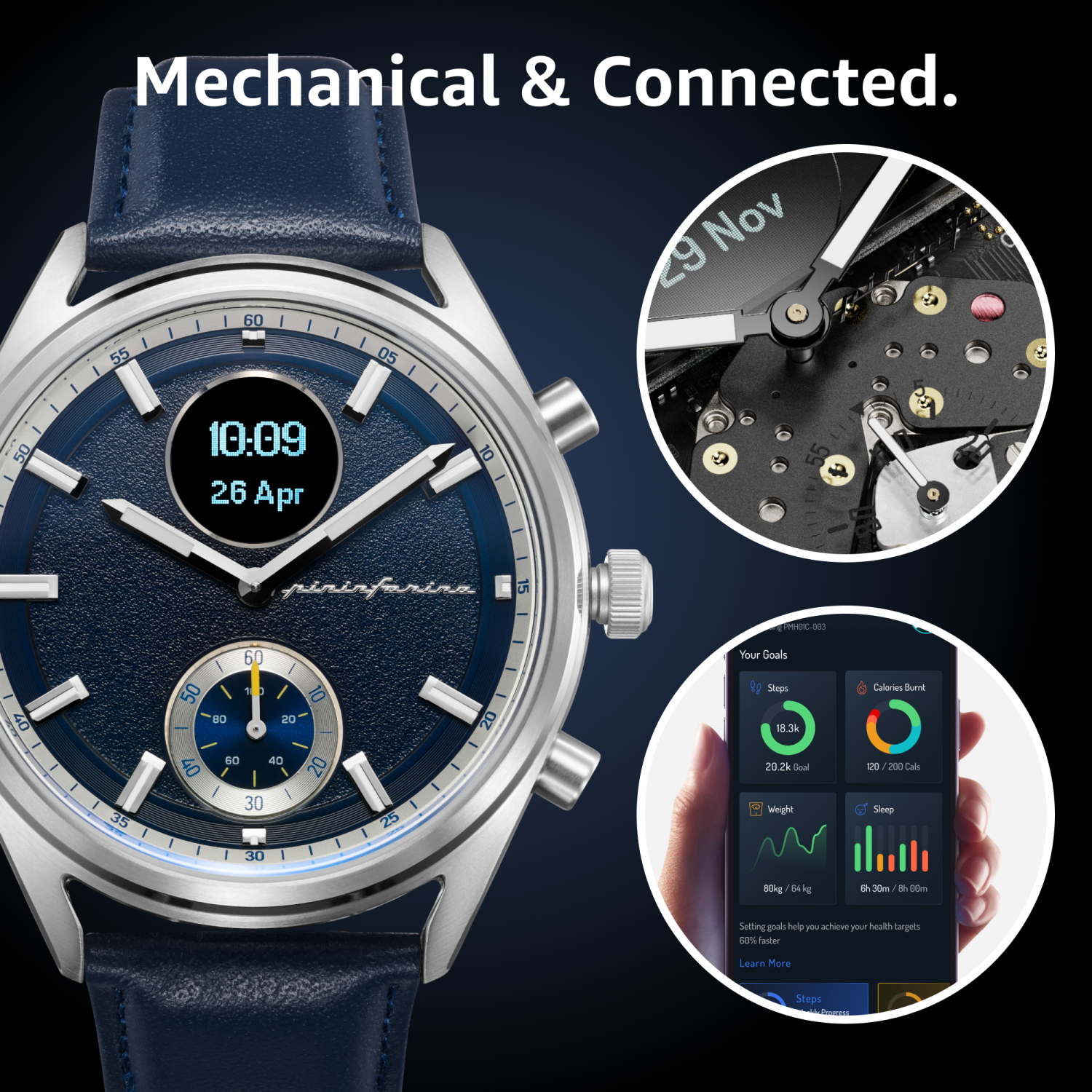 pininfarina Sintesi Hybrid 44mm Smartwatch - Analogue Watch with Italian Leather Strap, Sapphire Glass, Compass & Fitness Tracker for Heart Rate,