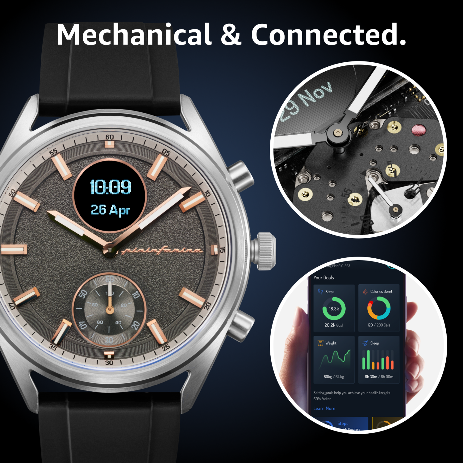 Montre intelligente sport 44&nbsp;mm Sintesi de pininfarina - Montre analogique avec verre saphir, boussole et moniteur d'activité pour fréquence