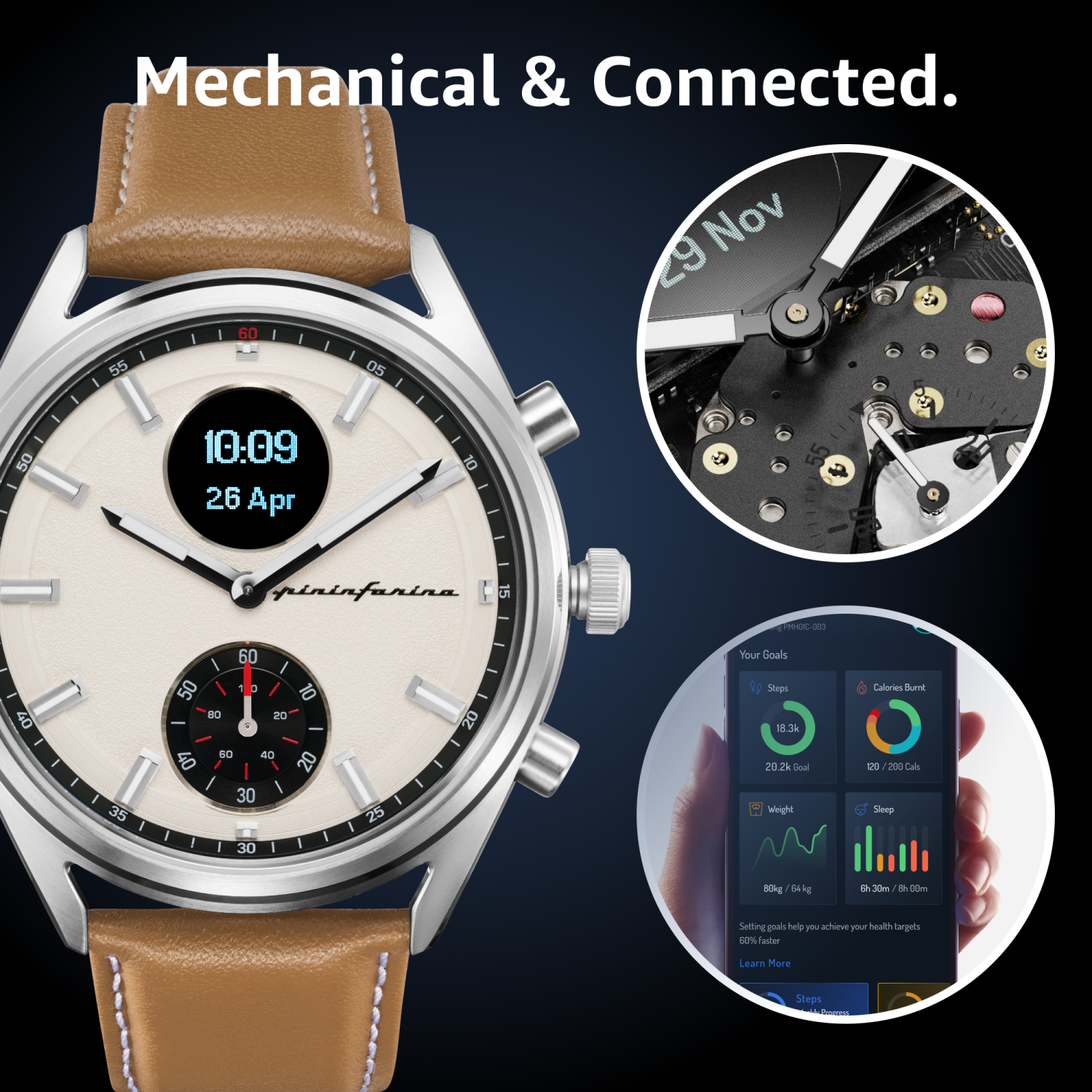 pininfarina Sintesi Hybrid 44mm Smartwatch - Analogue Watch with Italian Leather Strap, Sapphire Glass, Compass & Fitness Tracker for Heart Rate,