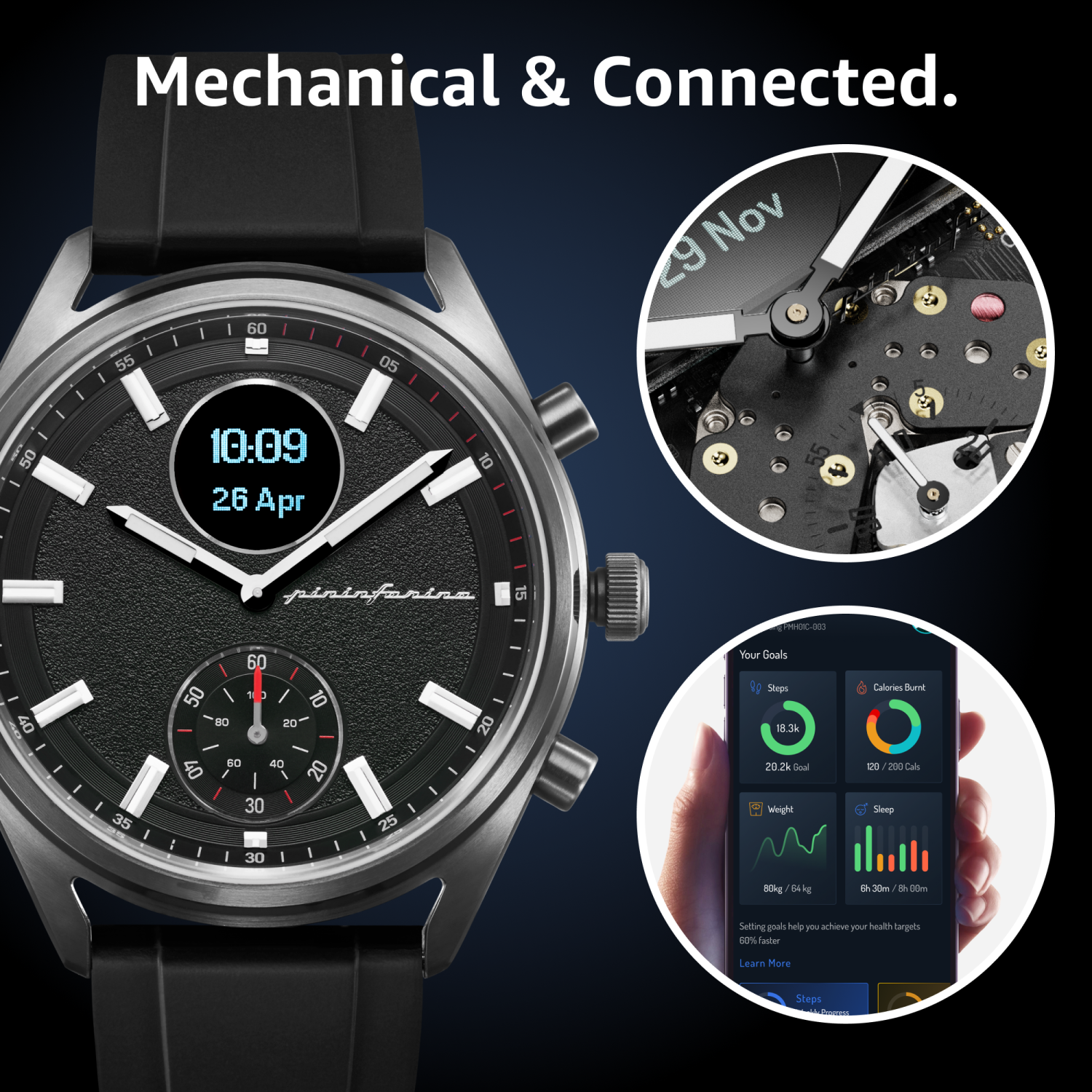 pininfarina Sintesi Sport 44mm Smartwatch - Analogue Watch with Sapphire Glass, Compass & Fitness Tracker for Heart Rate, Steps, Calories, & Sleep -