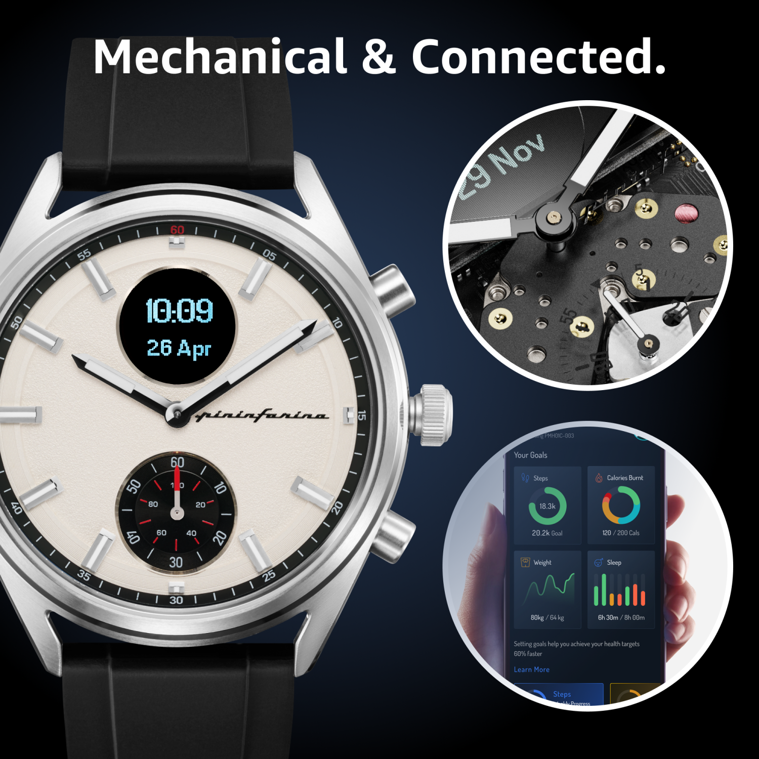 pininfarina Sintesi Sport 44mm Smartwatch - Analogue Watch with Sapphire Glass, Compass & Fitness Tracker for Heart Rate, Steps, Calories, & Sleep -