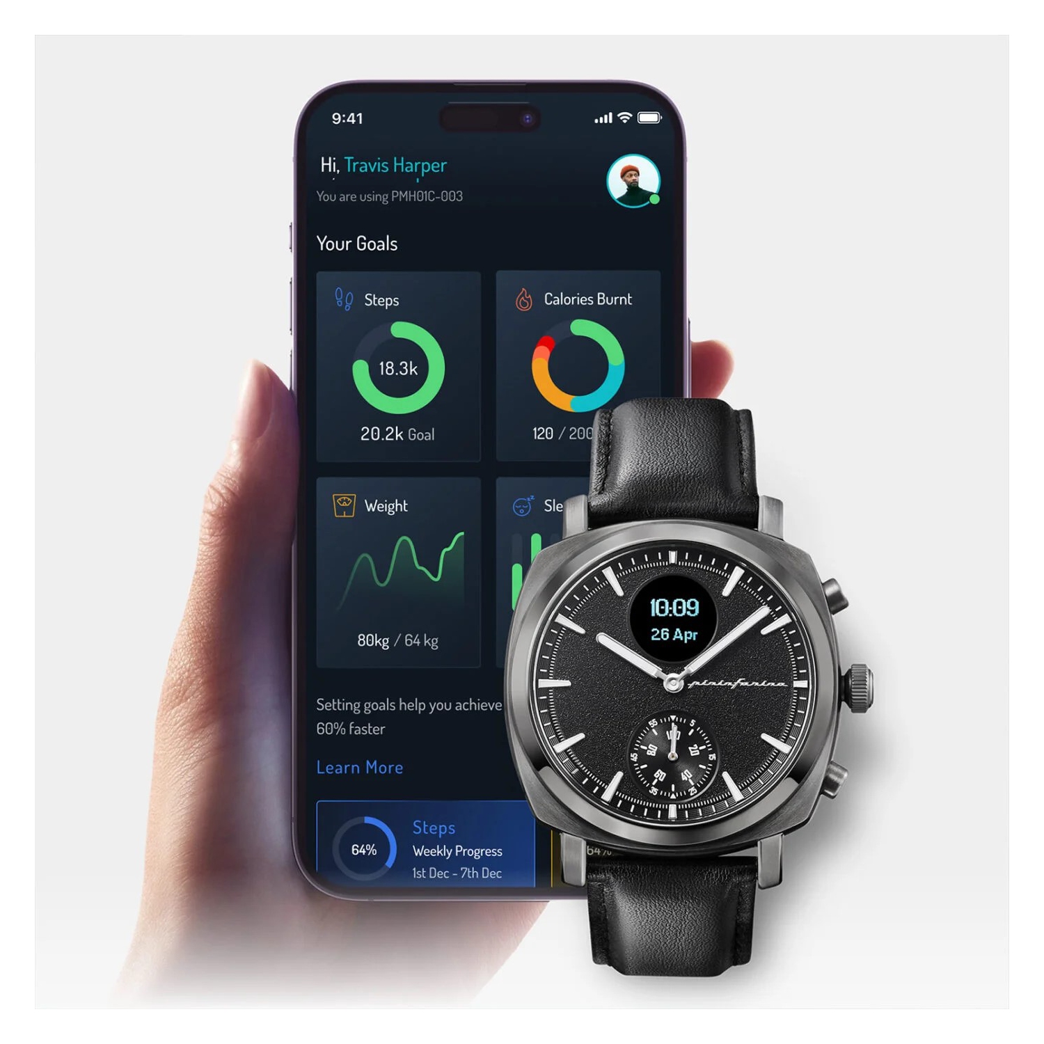 pininfarina Senso Sport 44mm Smartwatch - Analogue Watch with Digital Display, Tracks Heart Rate, Steps, Calories, Sleep, Fitness - Slate Grey