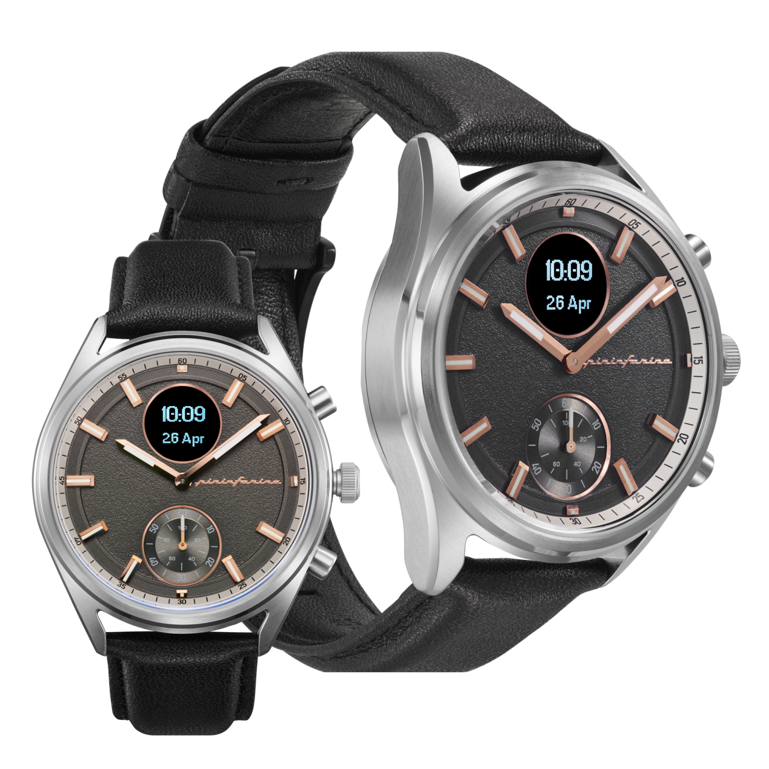 Montre intelligente hybride Sintesi 44&nbsp;mm de Pininfarina - Montre analogique bracelet cuir italien, verre saphir, boussole, moniteur d'activité