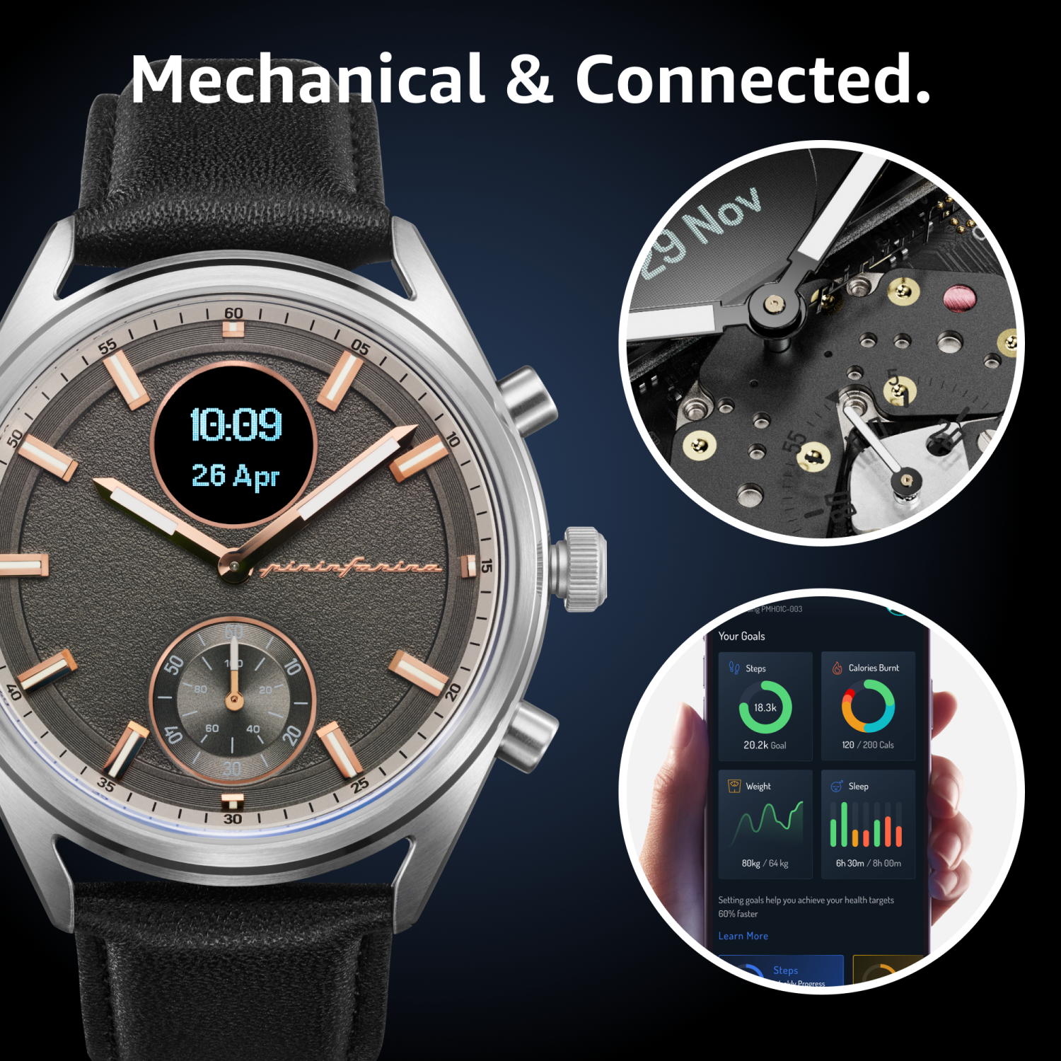 Montre intelligente hybride Sintesi 44 mm de Pininfarina - Montre analogique bracelet cuir italien, verre saphir, boussole, moniteur d'activité