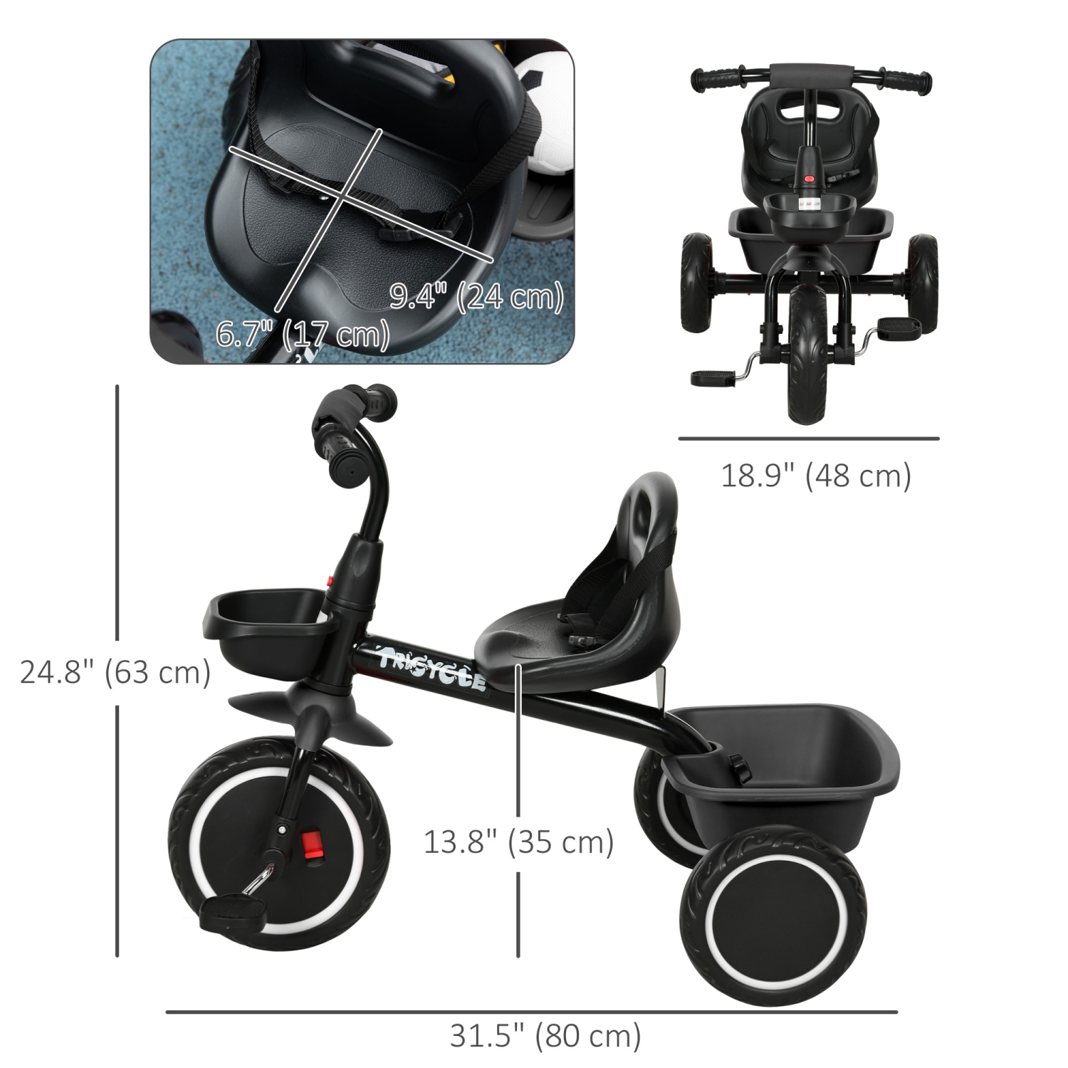 Qaba – Grand tricycle pour enfants de 2-5 ans pour filles et garçons, tricycle pour tout-petits avec siège réglable, ceinture de sécurité, deux