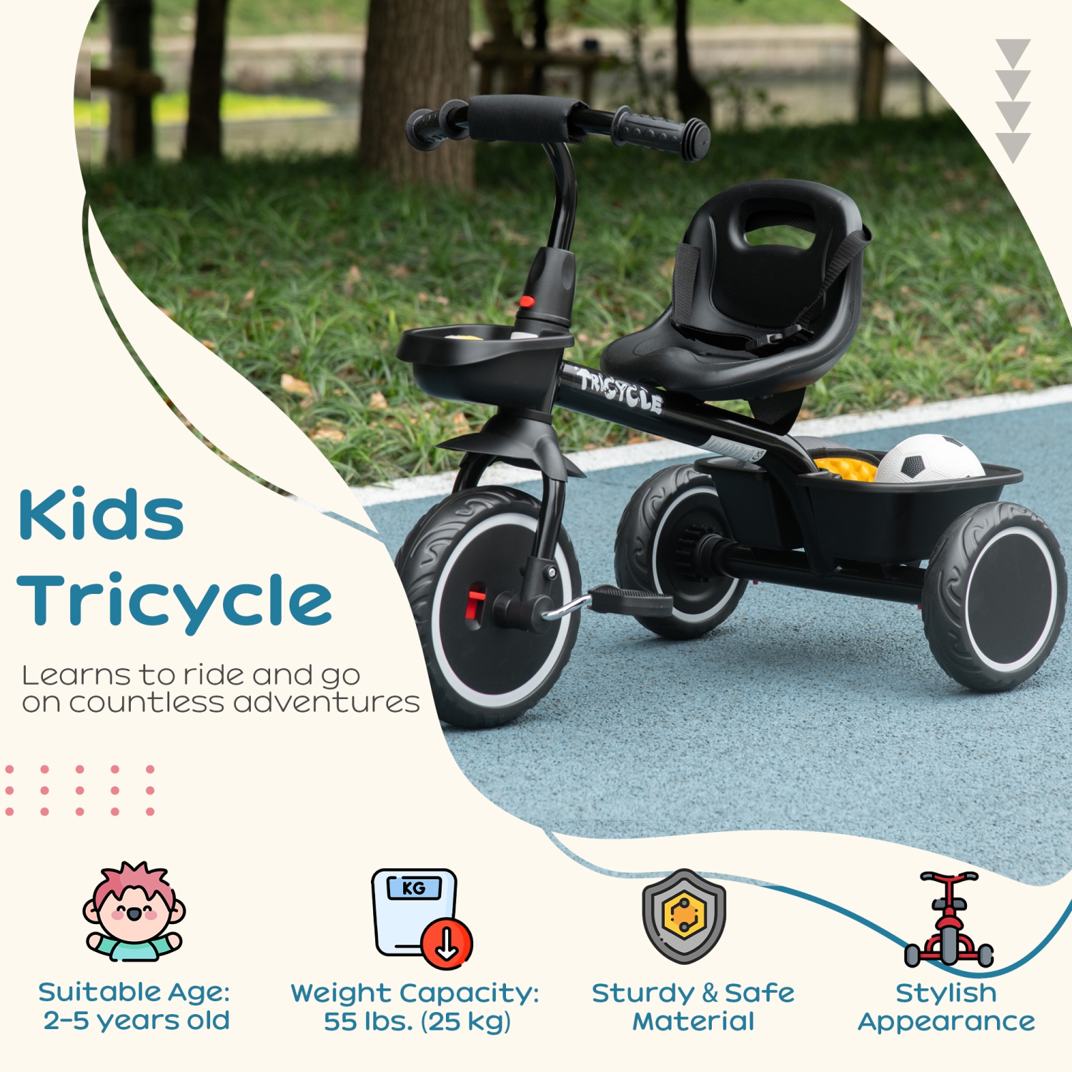 Qaba – Grand tricycle pour enfants de 2-5 ans pour filles et garçons, tricycle pour tout-petits avec siège réglable, ceinture de sécurité, deux