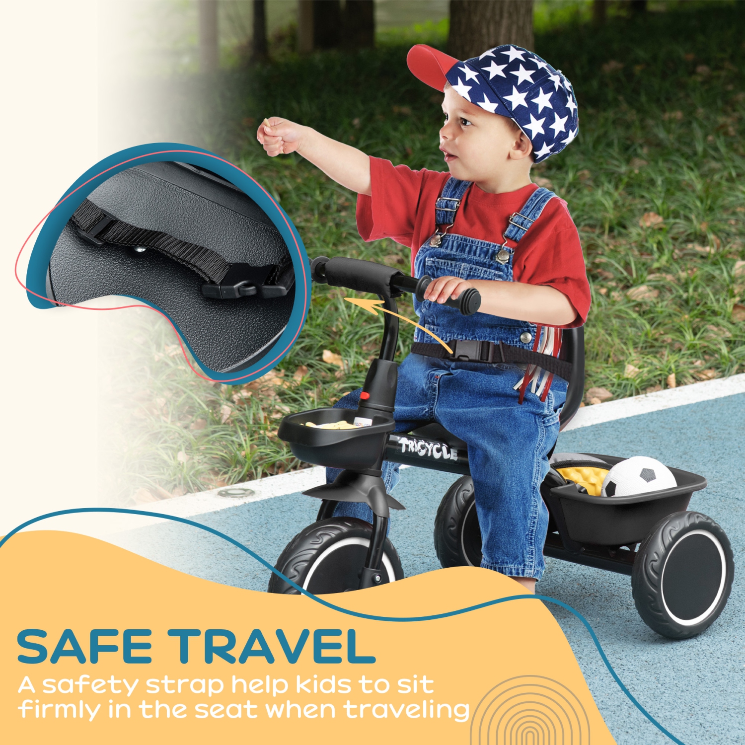 Qaba – Grand tricycle pour enfants de 2-5 ans pour filles et garçons, tricycle pour tout-petits avec siège réglable, ceinture de sécurité, deux