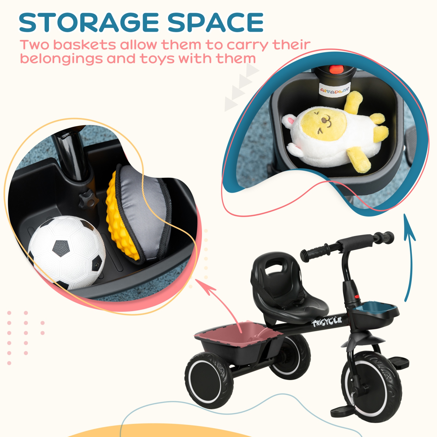 Qaba – Grand tricycle pour enfants de 2-5 ans pour filles et garçons, tricycle pour tout-petits avec siège réglable, ceinture de sécurité, deux