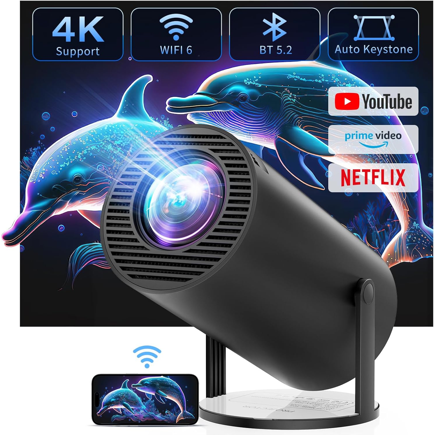 CLOKOWE Portable 4K Mini Projector with WiFi and Bluetooth-Full HD 1080P Supported,180°Rotation Outdoor Movie Projector, Compatible with TV Stick/ Smartphone/HDMI/USB