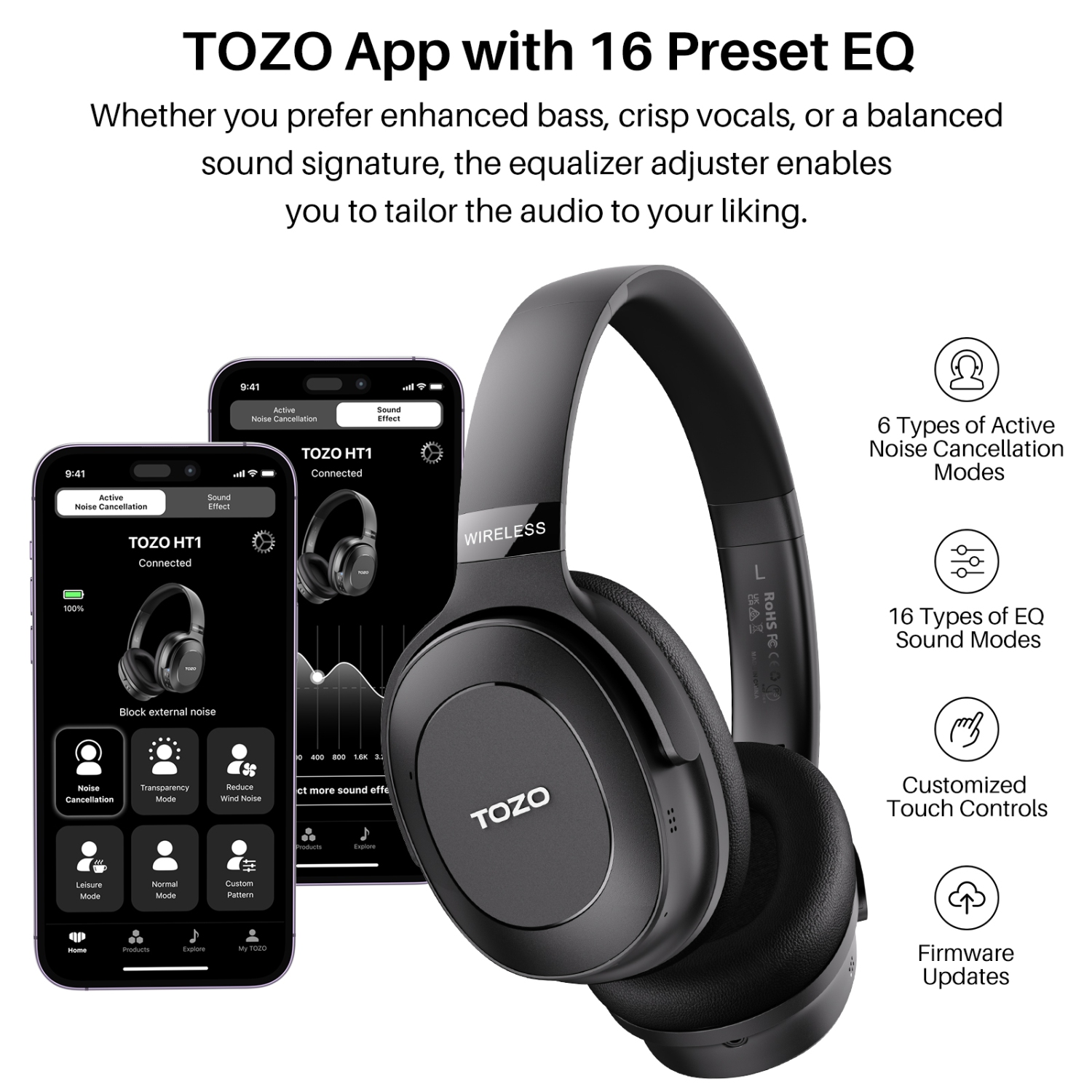 TOZO HT1 Over-Ear Noise Cancelling Bluetooth Headphones - Black