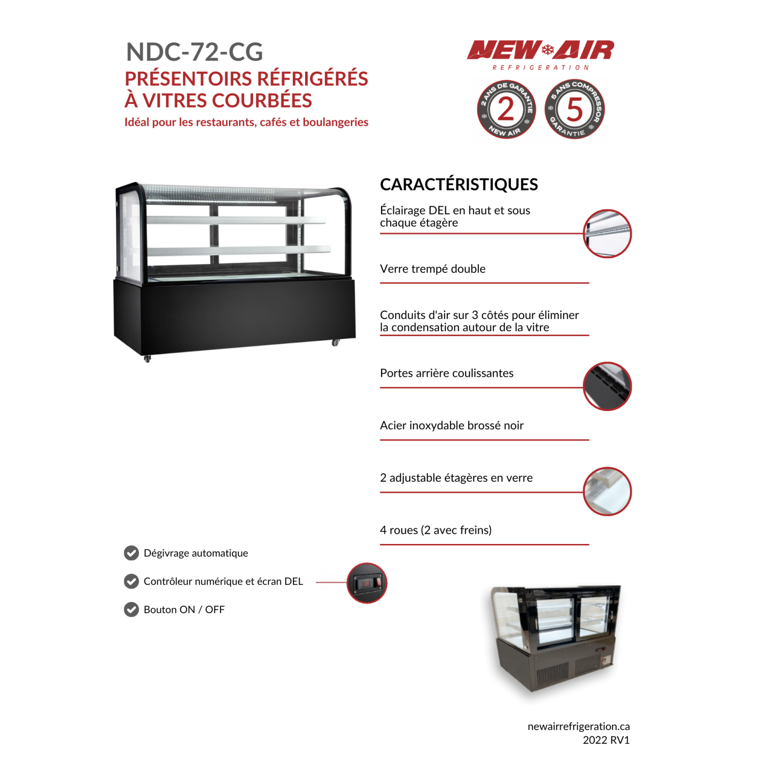 NOUVEAU AIR NDC-72-CG commercial 72" verre courbé 20,1 CU. avec Présentoir réfrigéré – idéal pour les restaurants, les cafés et les boulangeries