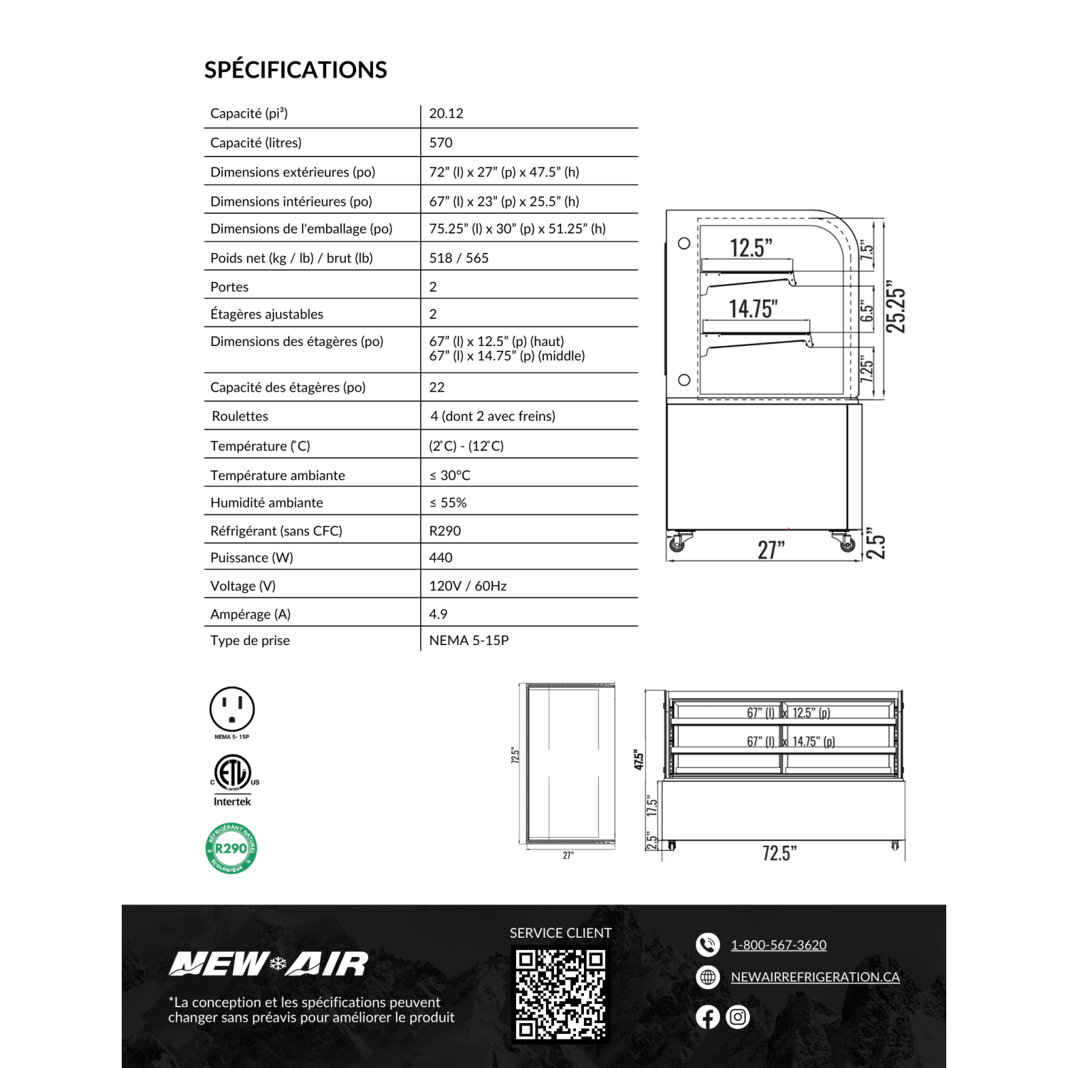 NOUVEAU AIR NDC-72-CG commercial 72" verre courbé 20,1 CU. avec Présentoir réfrigéré – idéal pour les restaurants, les cafés et les boulangeries