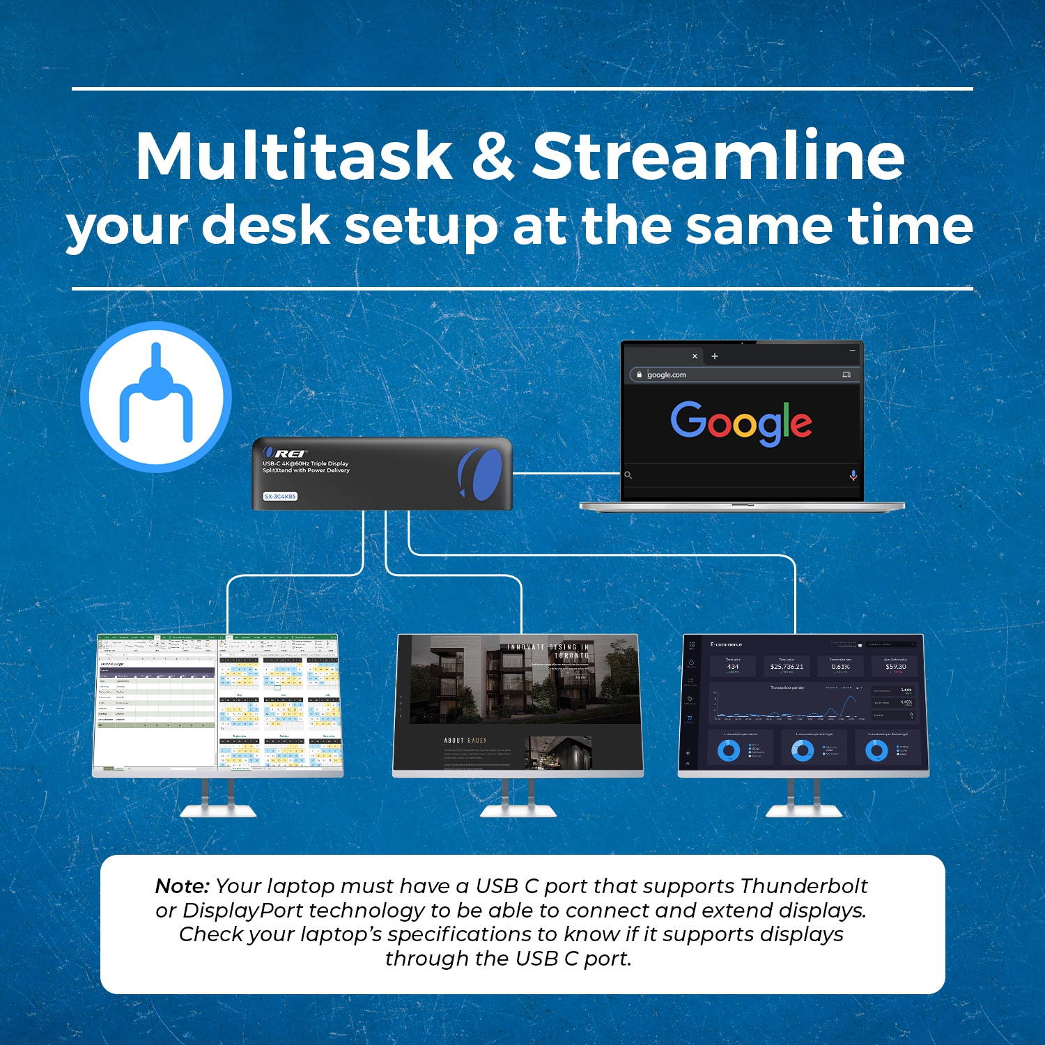 OREI SplitXtend Docking Hub with USB-C input, USB-A, Ethernet, DP, Power delivery up to 85 Watt and up to 3 Extended Displays