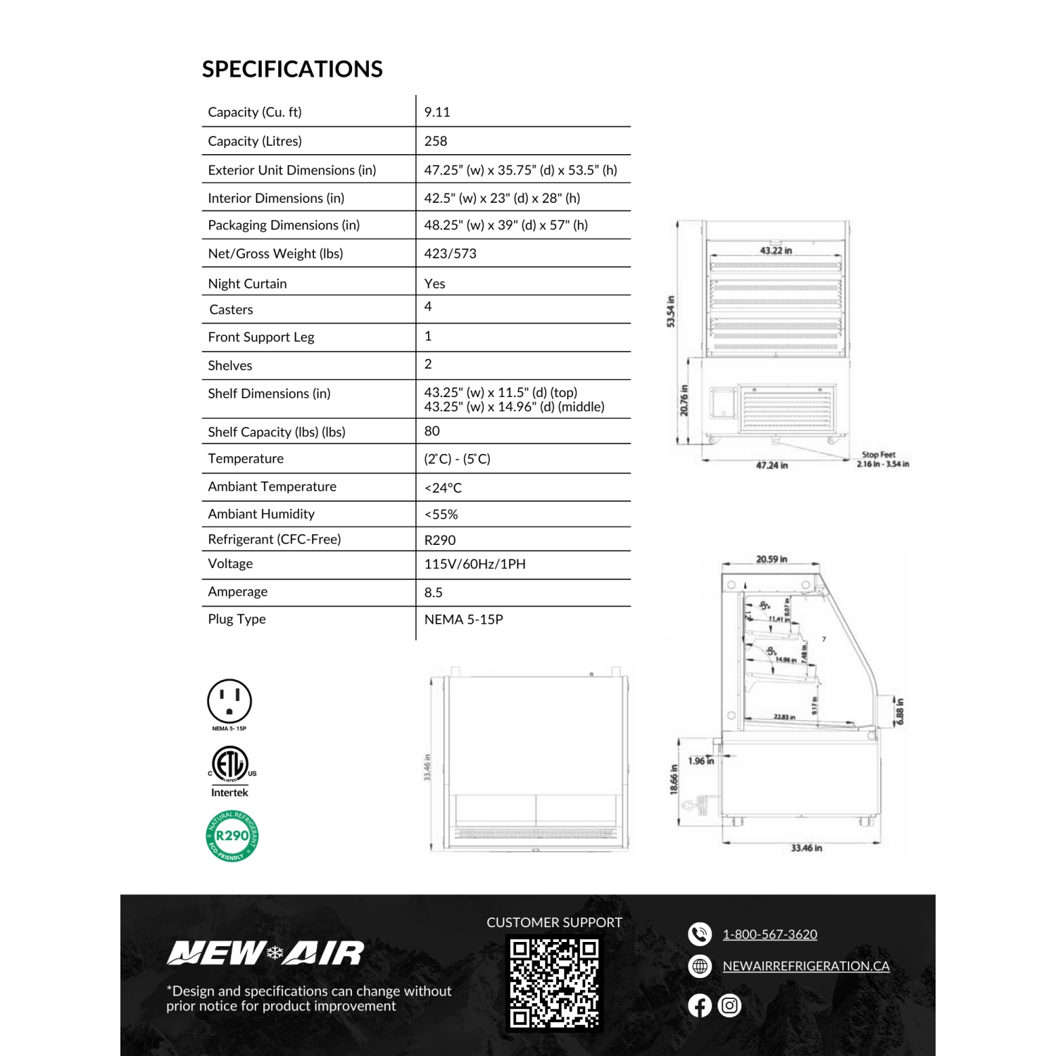 AIR NOM-48-CDS commercial 48" profil moyen 9,1 CU. avec Présentoir de rideaux gonflables ouverts – idéal pour les restaurants, les cafés, les