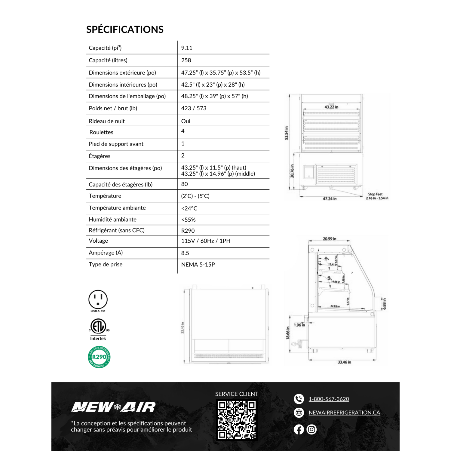 AIR NOM-48-CDS commercial 48" profil moyen 9,1 CU. avec Présentoir de rideaux gonflables ouverts – idéal pour les restaurants, les cafés, les