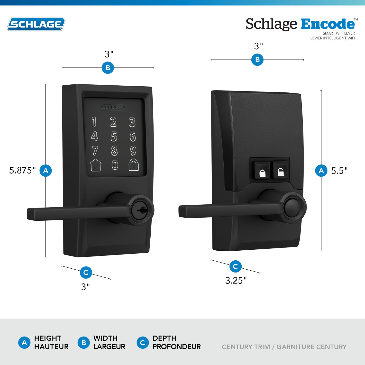 Serrure intelligente Wi-Fi Encode Latitude de Schlage avec poignée à levier - Noir mat