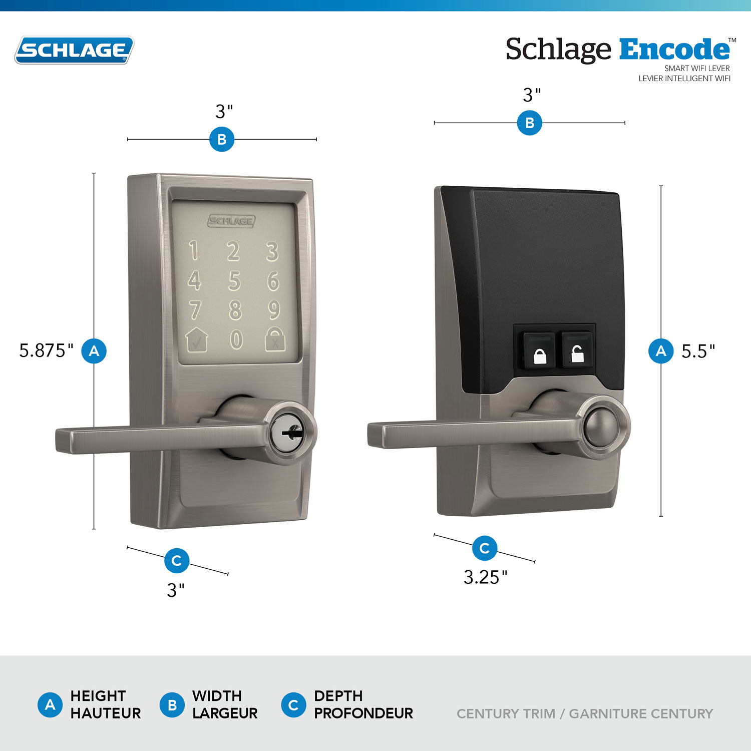 Serrure intelligente Wi-Fi Encode Latitude de Schlage avec poignée à levier - Nickel satiné
