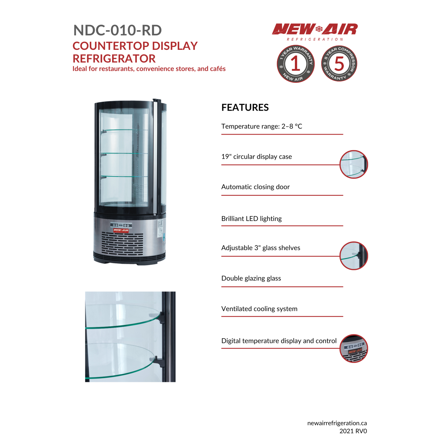 NEW AIR NDC-010-RD Commercial 19" Roud Glass Countertop Refrigerated Display Case - Ideal for Restaurants, Cafés and Convenience Stores