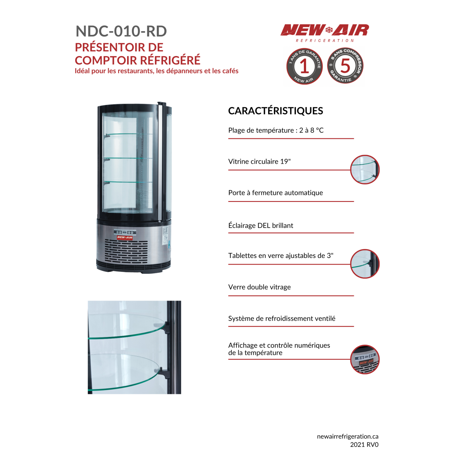 NEW AIR NDC-010-RD Commercial 19" Roud Glass Countertop Refrigerated Display Case - Ideal for Restaurants, Cafés and Convenience Stores