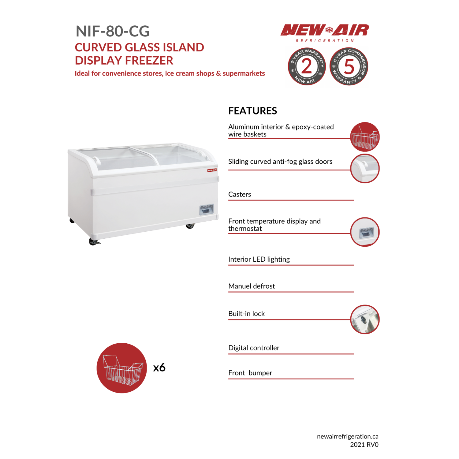 NEW AIR NIF-80-CG Commercial 80" Curved Glass 24.75 Cu. Ft. Ice Cream Freezer