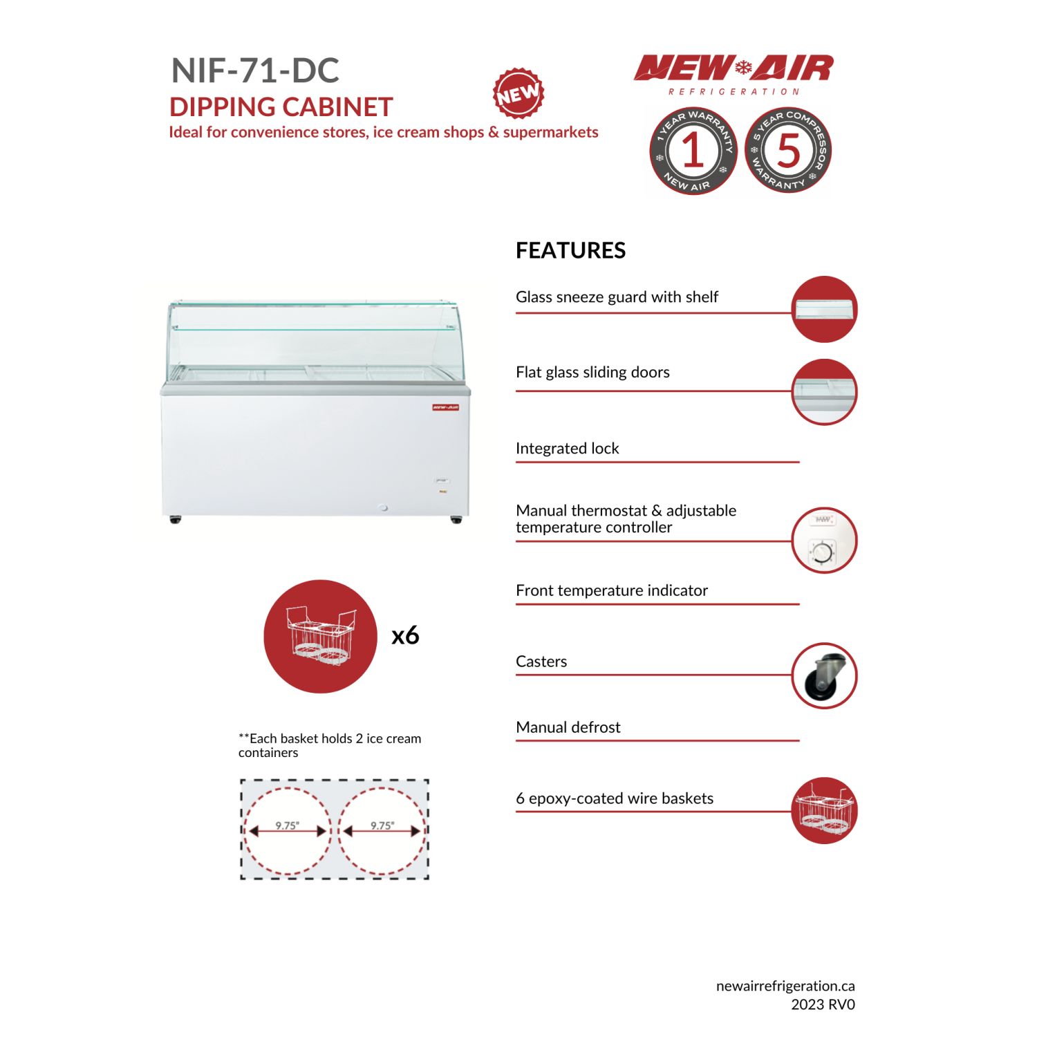 NOUVELLE armoire commerciale de 71 po pour la crème glacée NIF-71-DC d'AIR – idéale pour les restaurants, les magasins de crème glacée, les