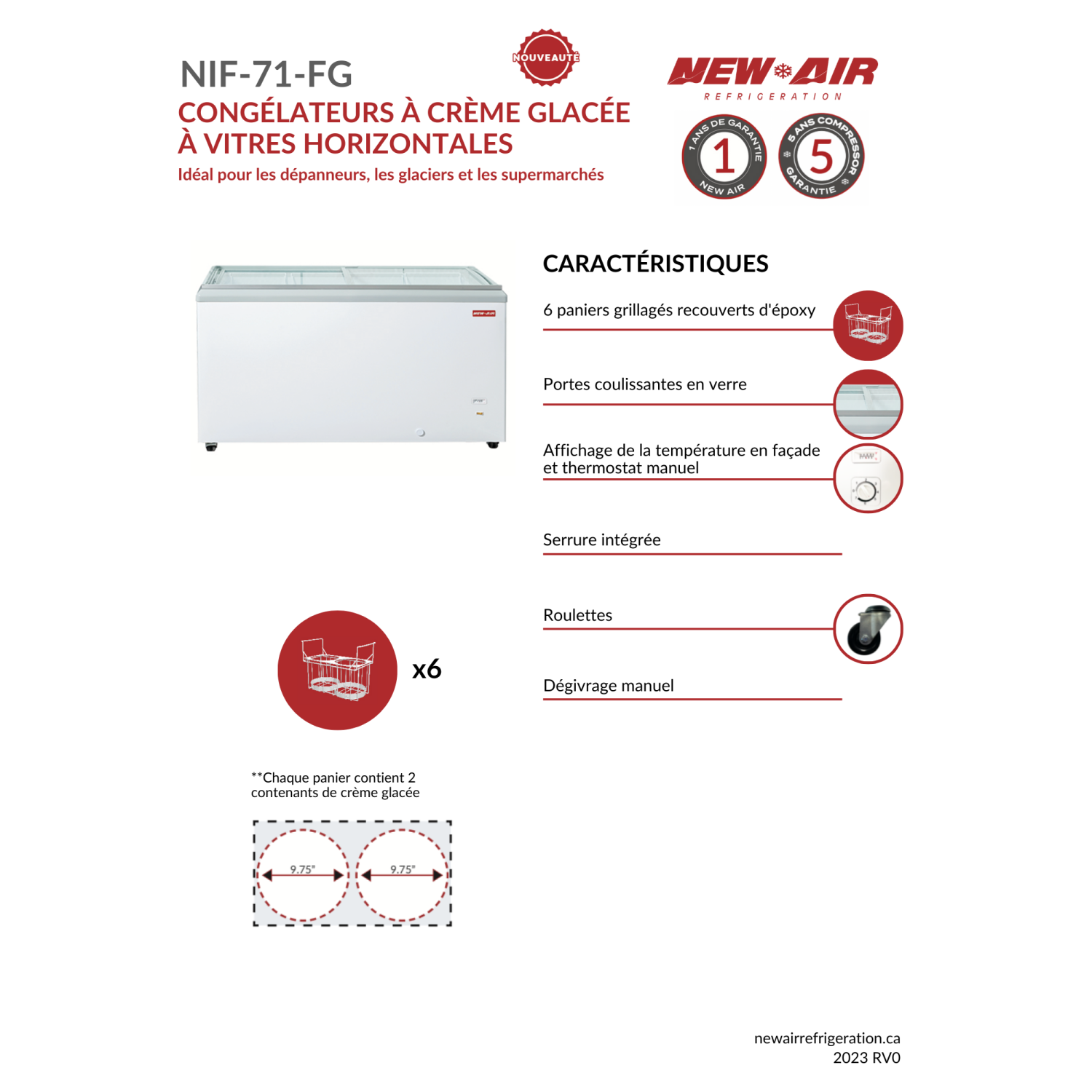 NOUVEAU verre plat commercial NIF-71-FG d'AIR. Congélateur de crème glacée 12 CONTENANTS – idéal pour les restaurants, les magasins, les dépanneurs,